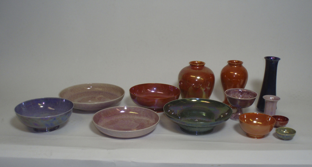 A collection of irridescent Ruskin wares