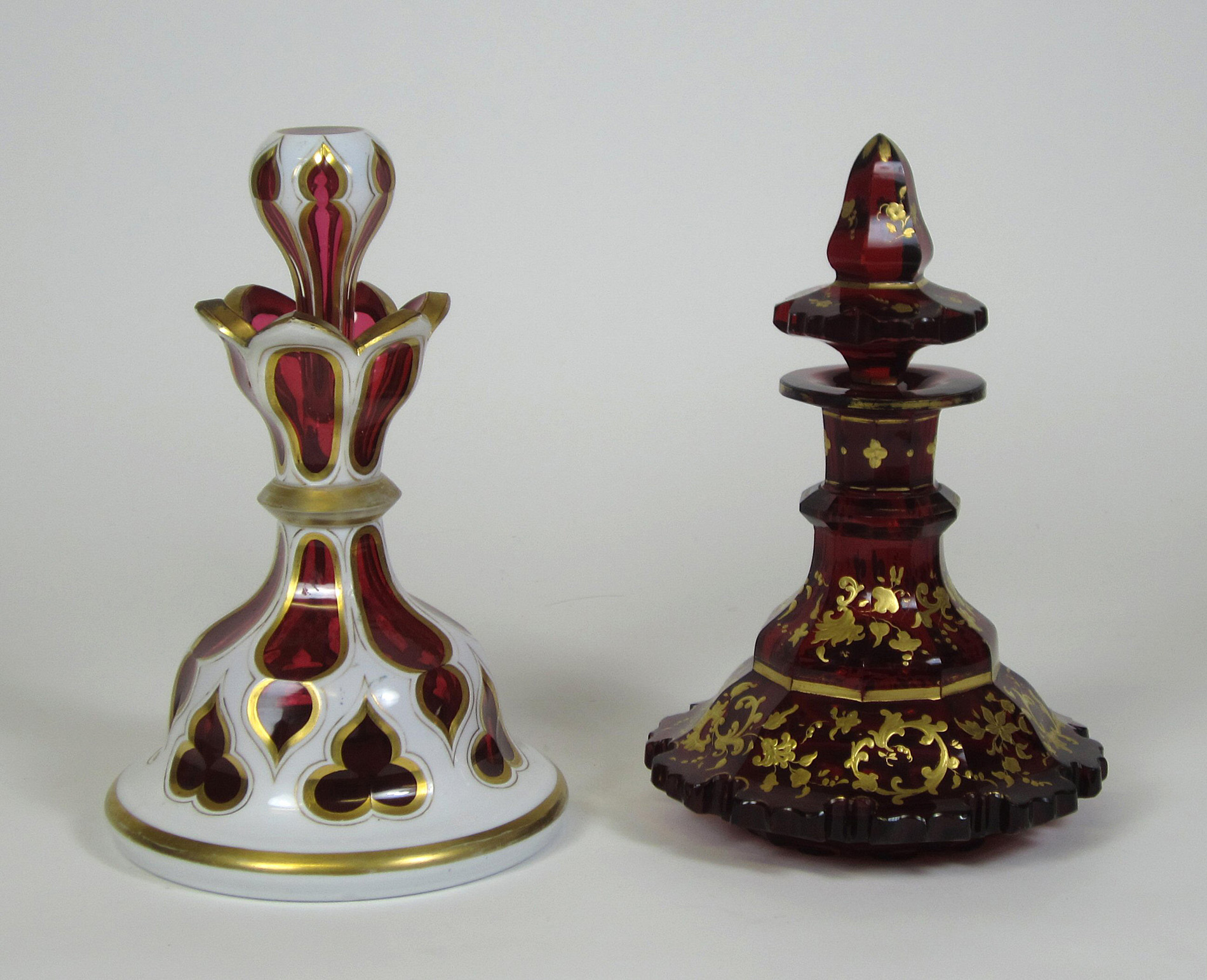 TWO RED GLASS BOHEMIAN STYLE SCENT BOTTLES