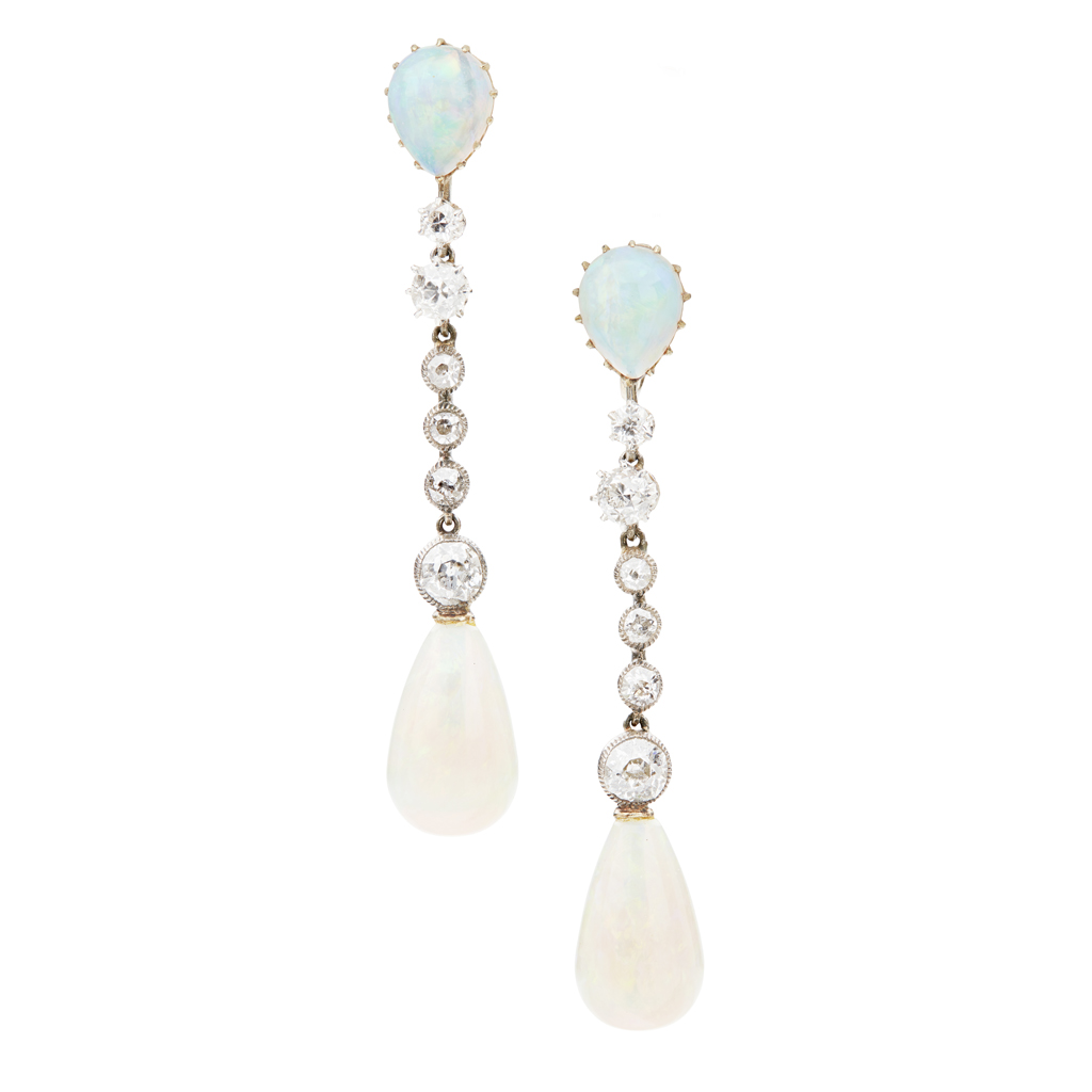 A pair of early 20th century opal and diamond set pendant earrings