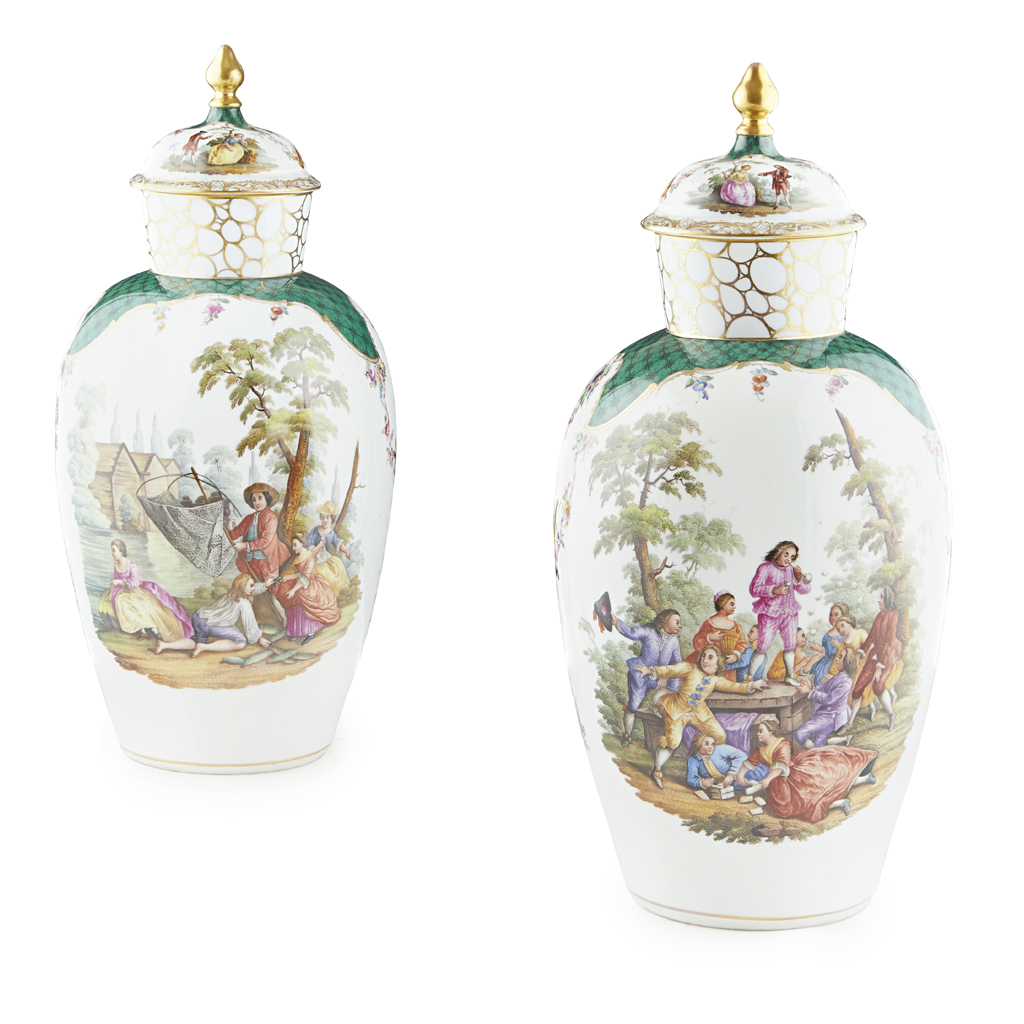 PAIR OF LARGE HELENA WOLFSOHN PORCELAIN COVERED VASES