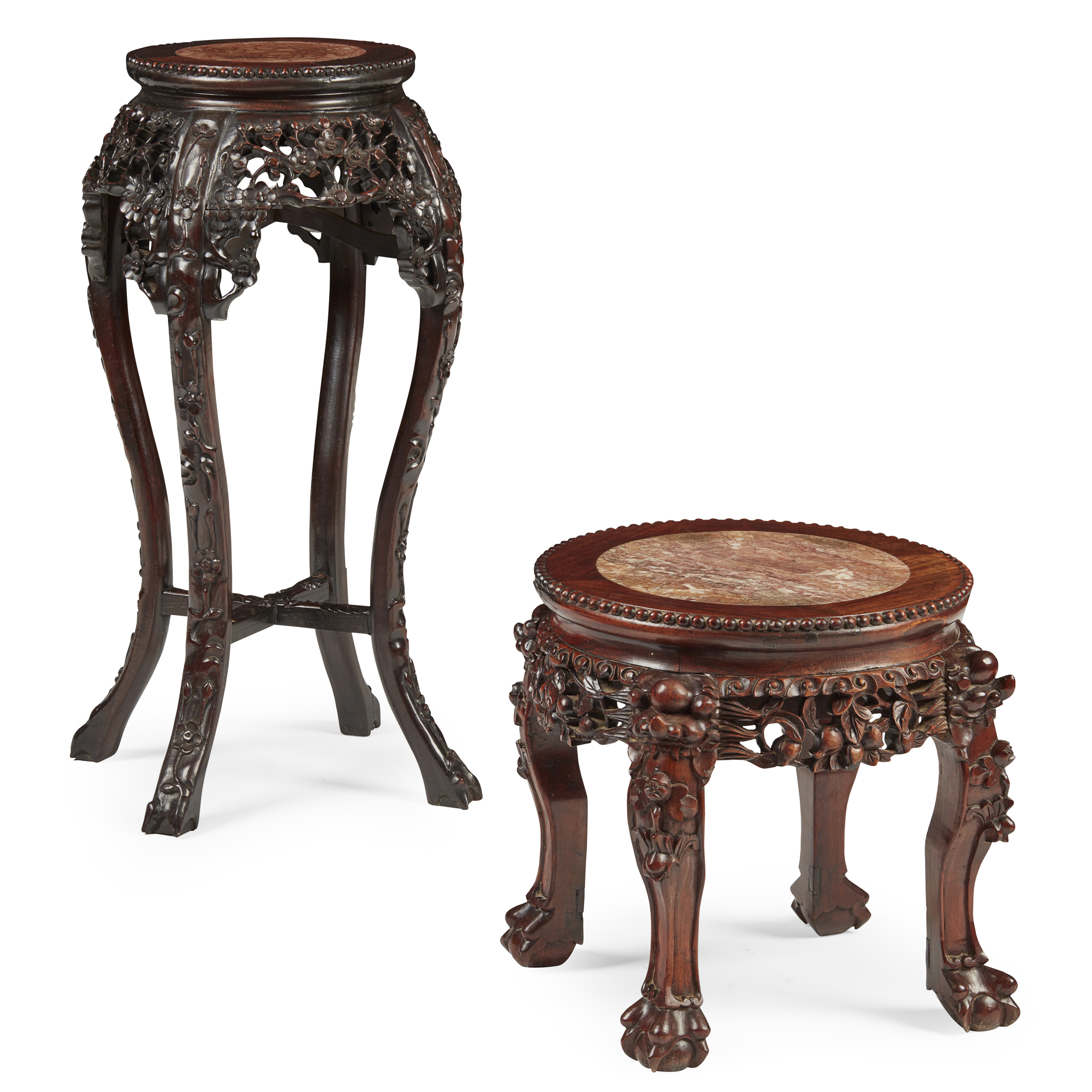 TWO CHINESE HARDWOOD MARBLE TOPPED JARDINIERE STANDS