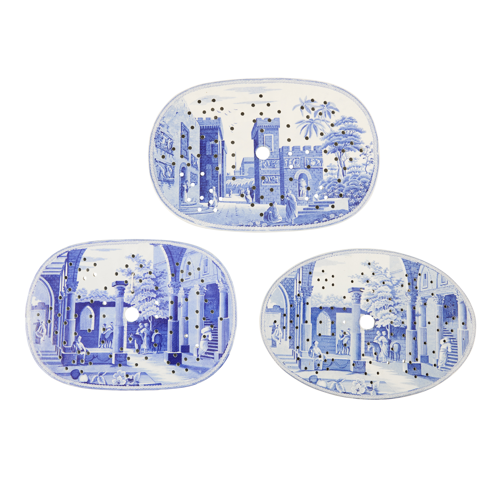 THREE SPODE BLUE AND WHITE TRANSFER PRINTED DRAINERS