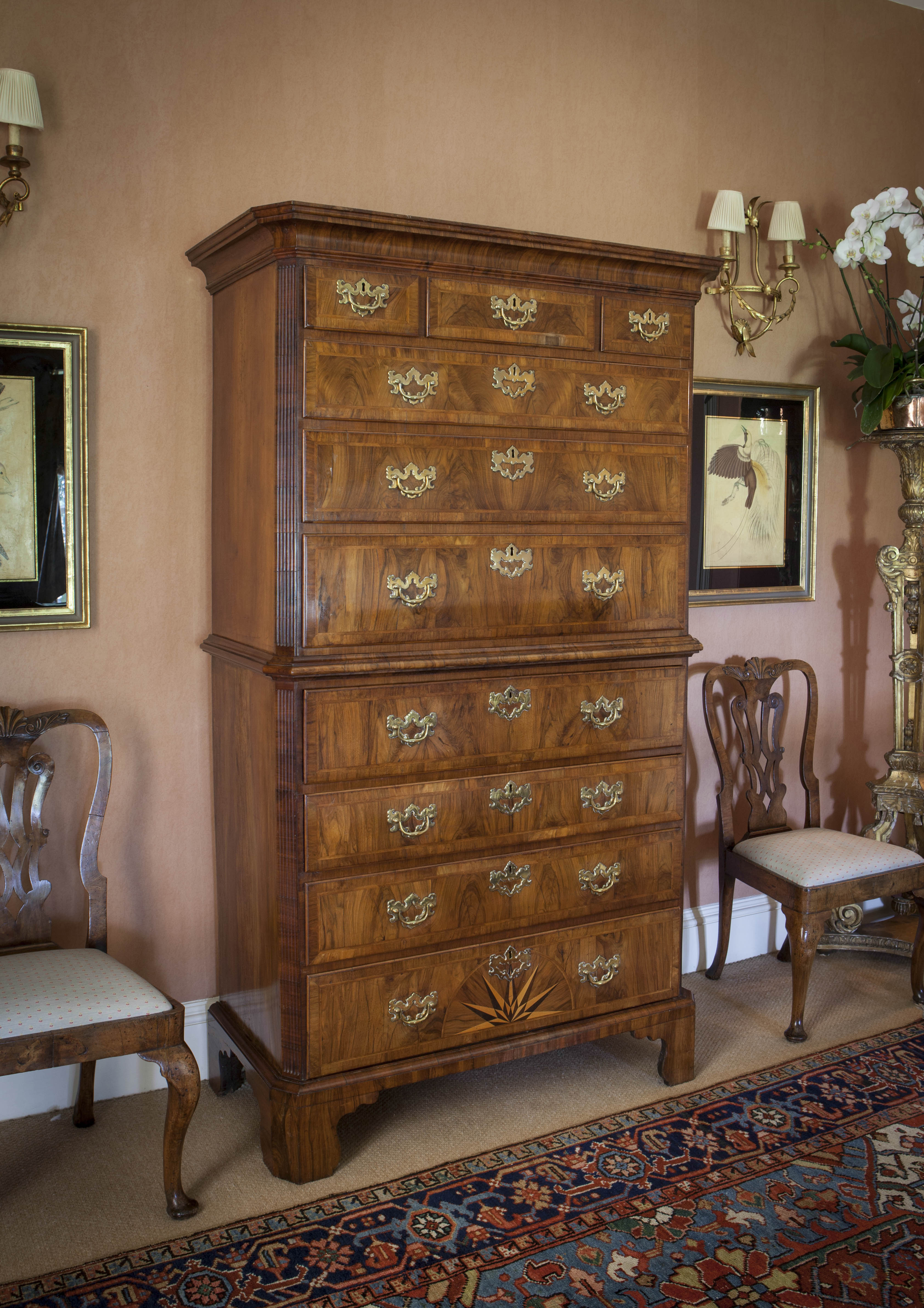 GOOD GEORGE I WALNUT AND FEATHERBANDED SECRETAIRE CHEST ON CHEST