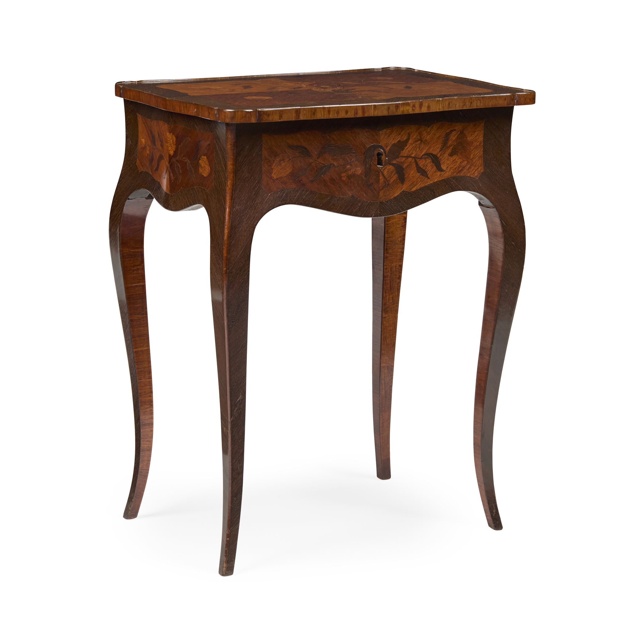 LOUIS XV STYLE AMARANTH, KINGWOOD AND MARQUETRY WORK TABLE