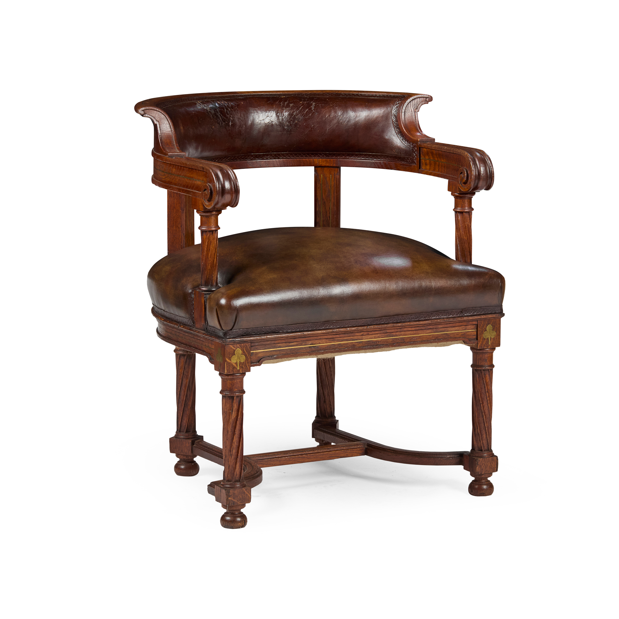 CONTINENTAL CARVED OAK AND BRASS INLAID LEATHER UPHOLSTERED DESK CHAIR