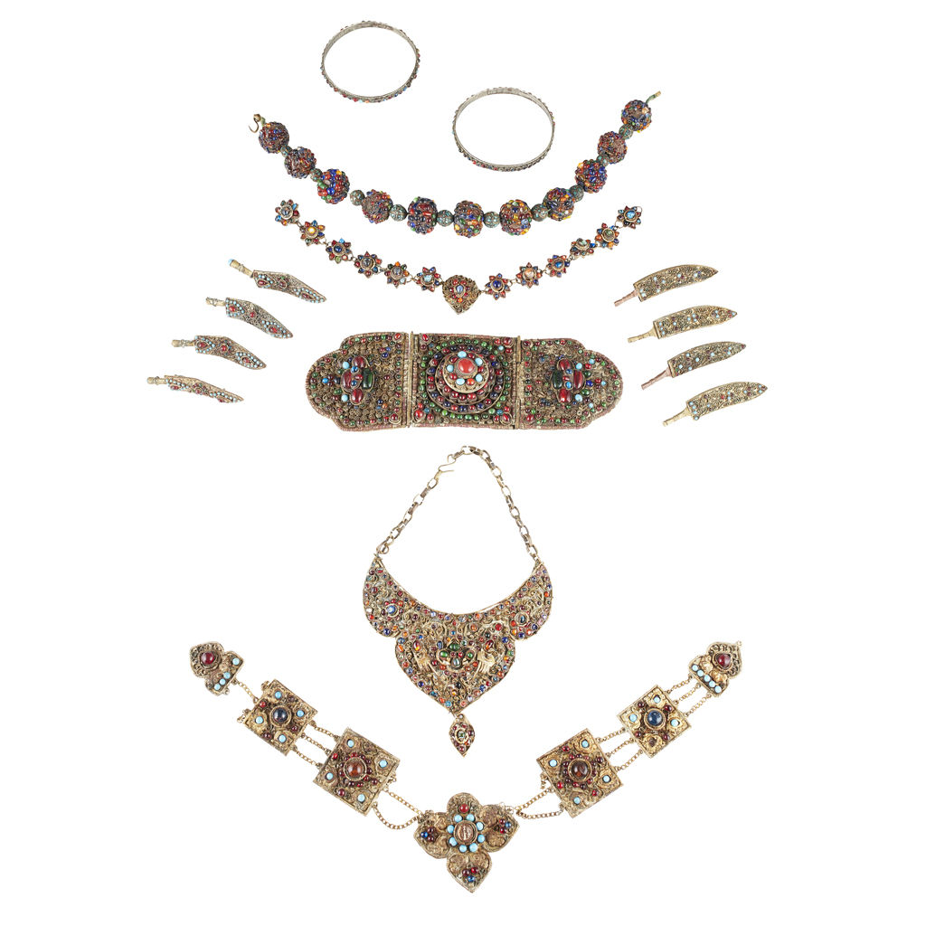 COLLECTION OF HARDSTONE AND GLASS INLAID HIMALAYAN JEWELLERY