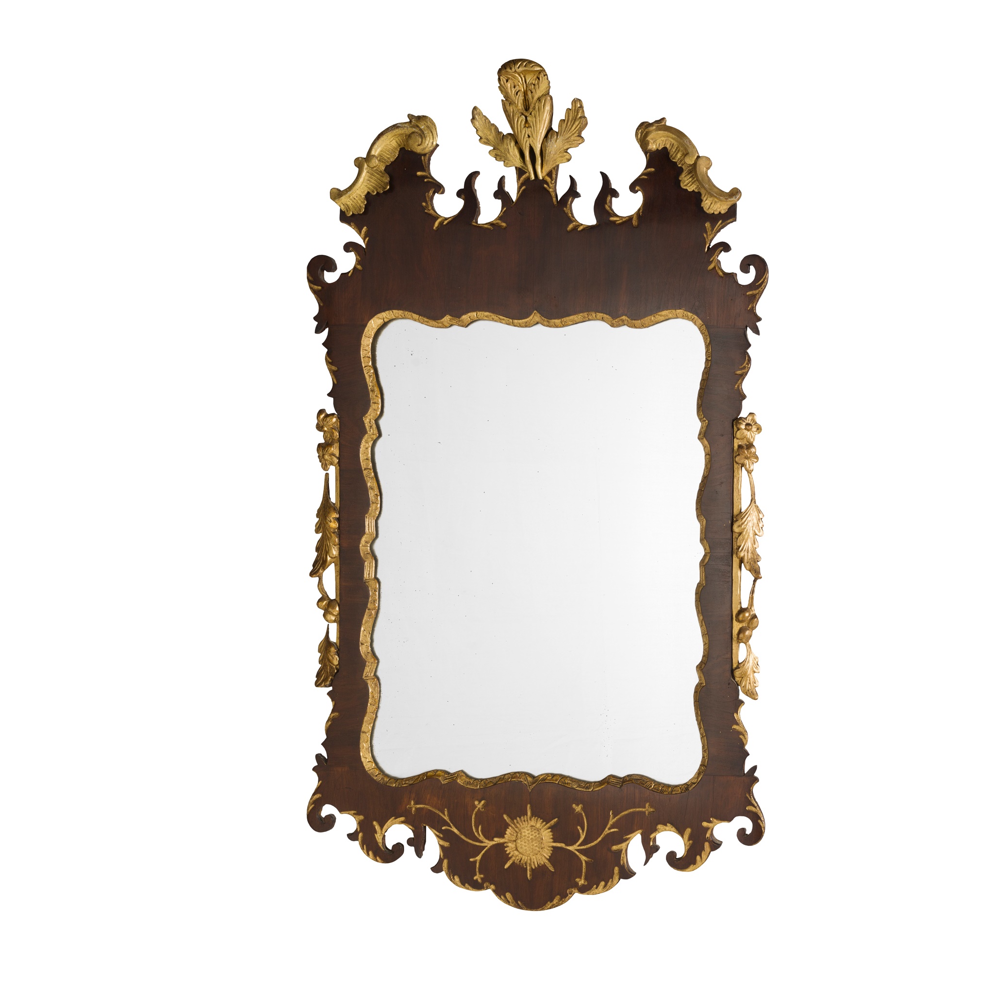 LATE IRISH GEORGE II MAHOGANY AND GILTWOOD MIRROR