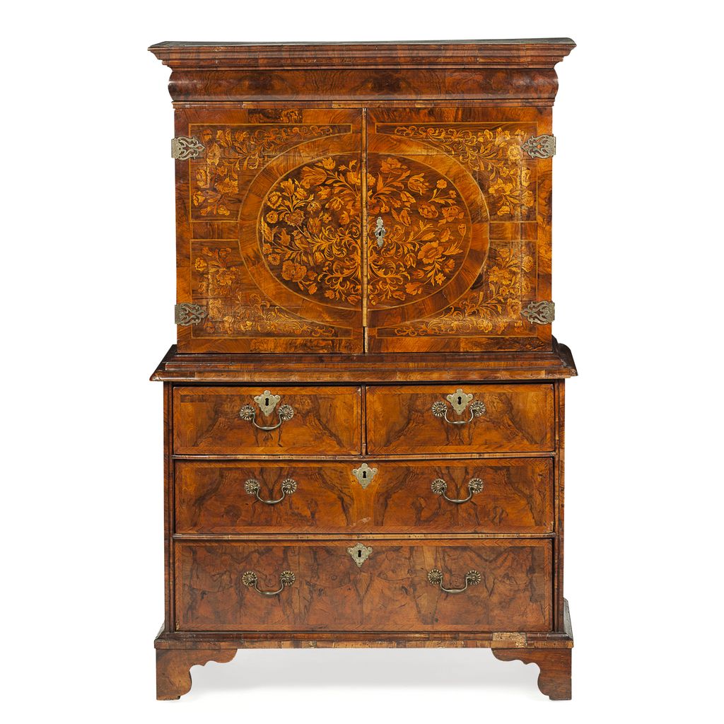 WILLIAM AND MARY WALNUT AND MARQUETRY CABINET ON CHEST