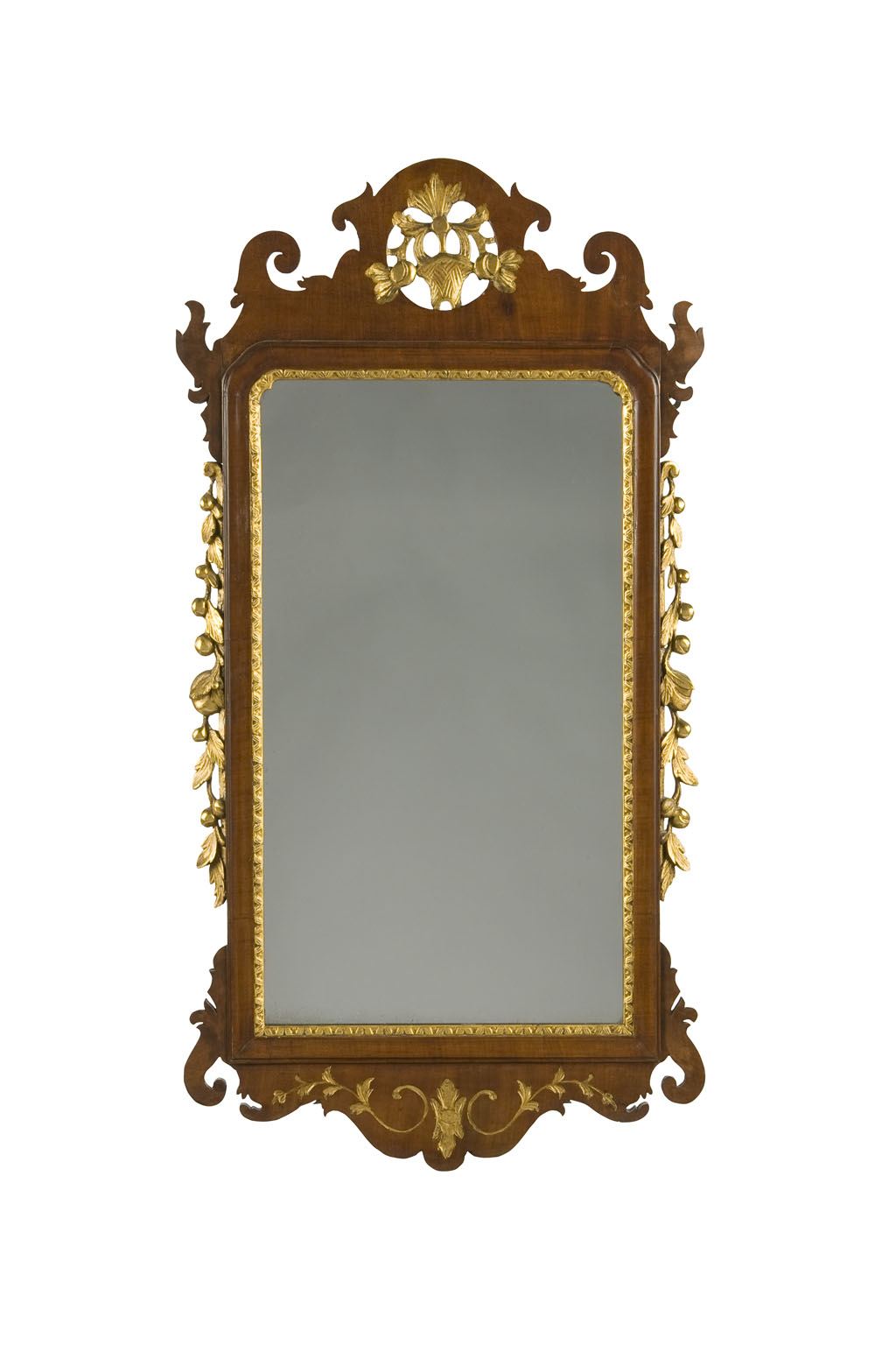 A Victorian mahogany and parcel gilt fretwork wall mirror, in the George II style