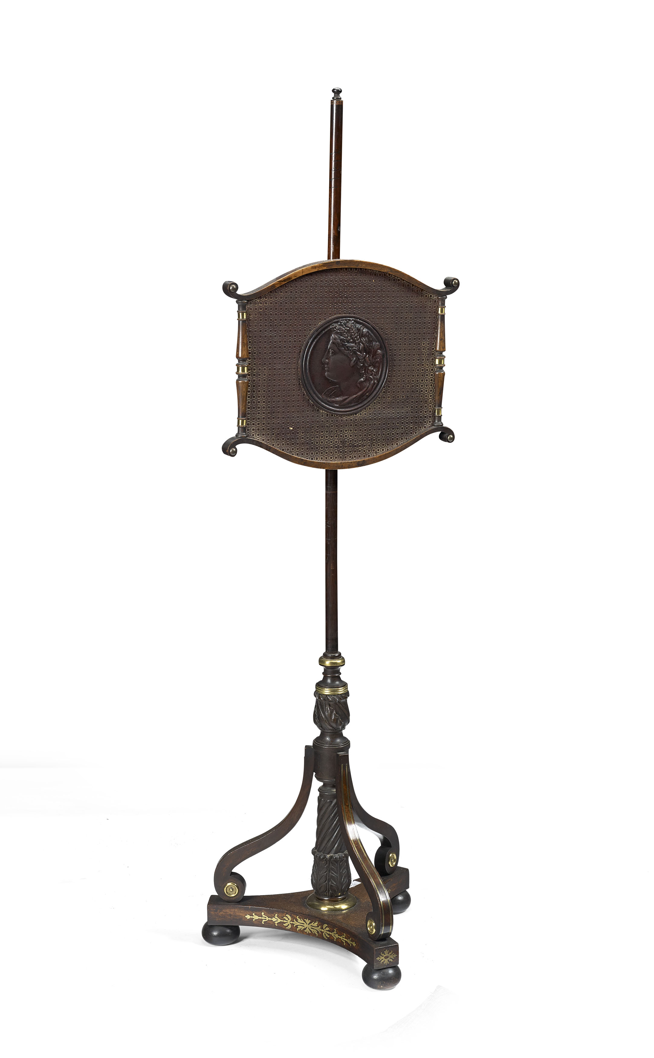 REGENCY MAHOGANY AND BRASS INLAY POLE SCREEN