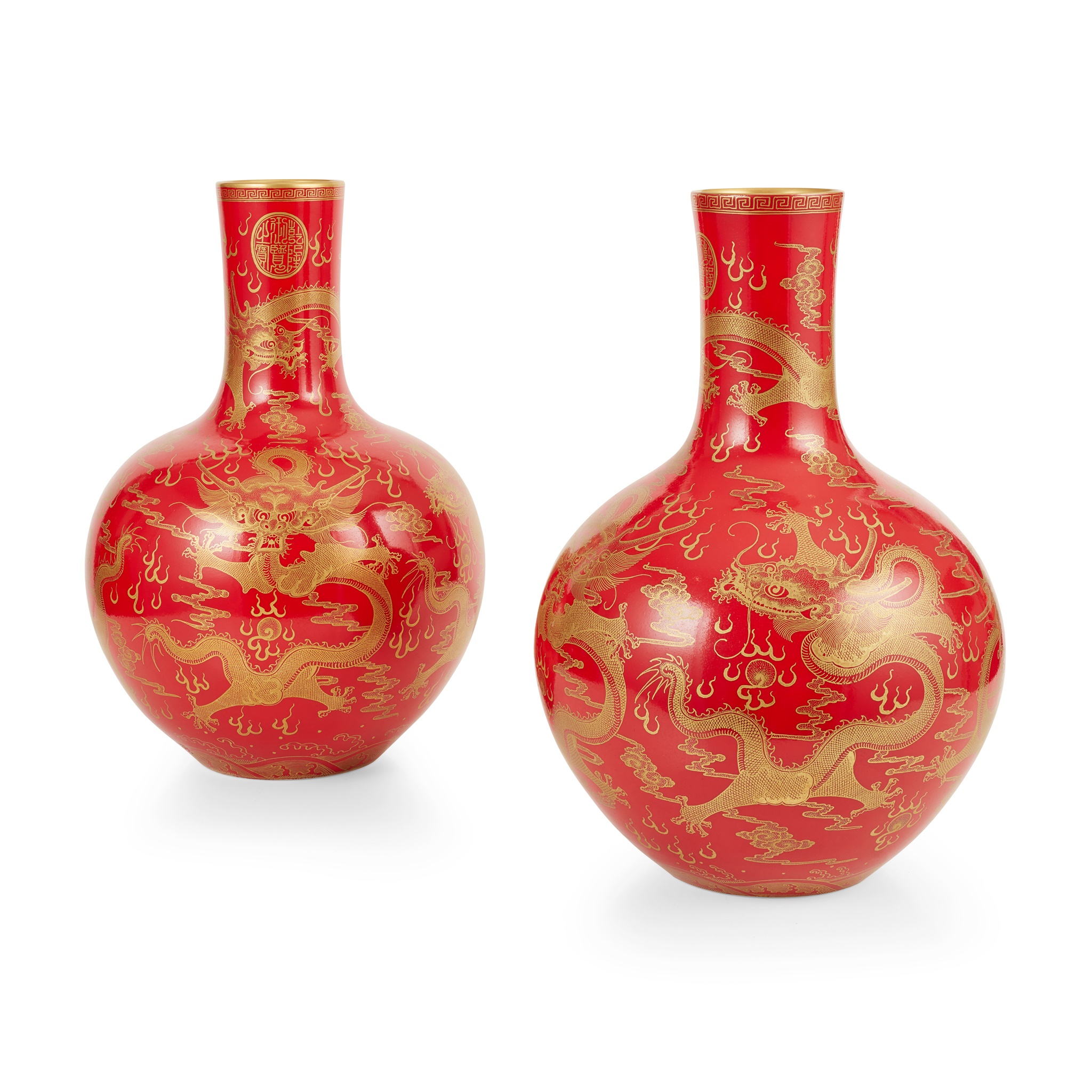 PAIR OF CHINESE RED AND GILT PORCELAIN DRAGON VASES
