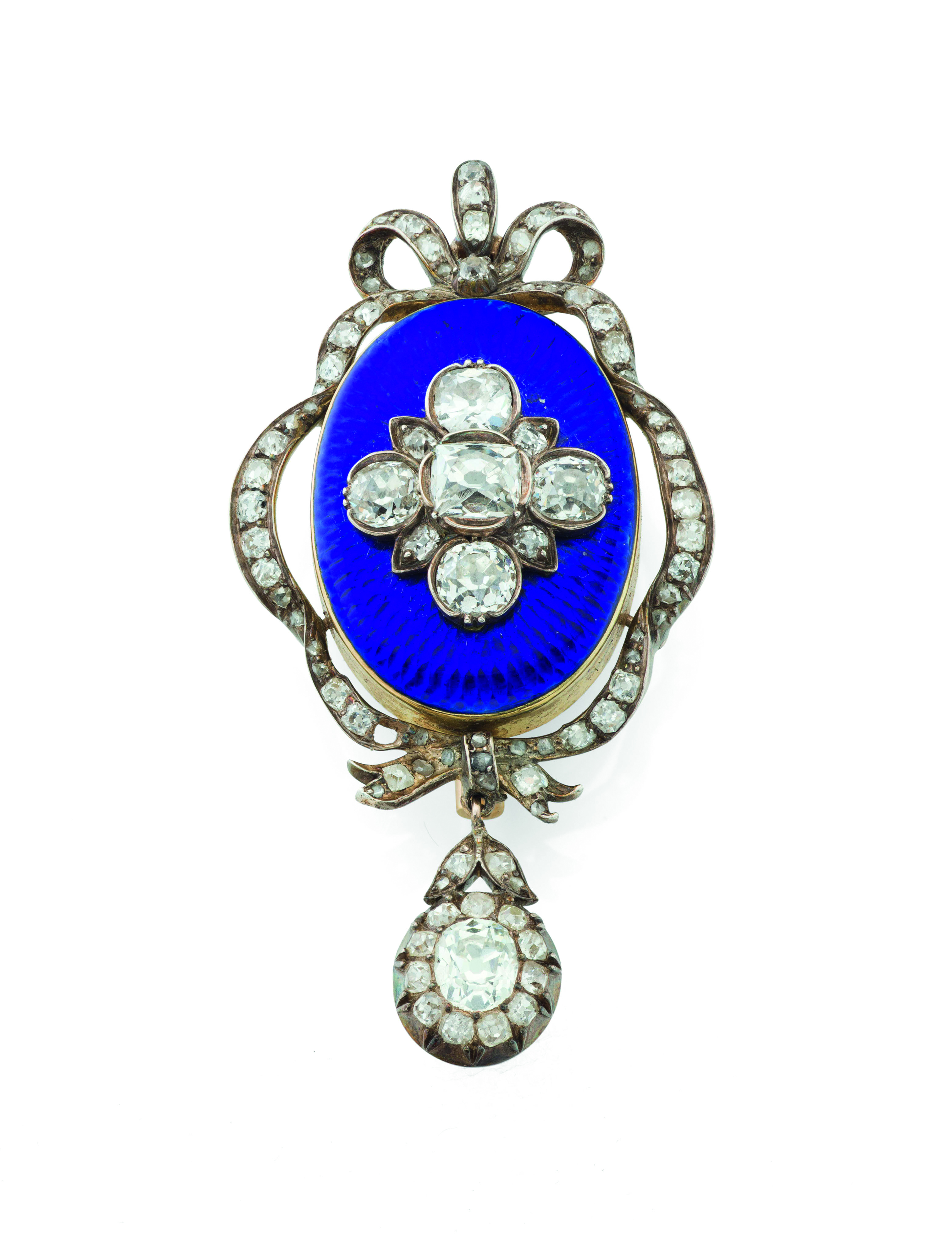 An early Victorian deep blue enamel and diamond set brooch