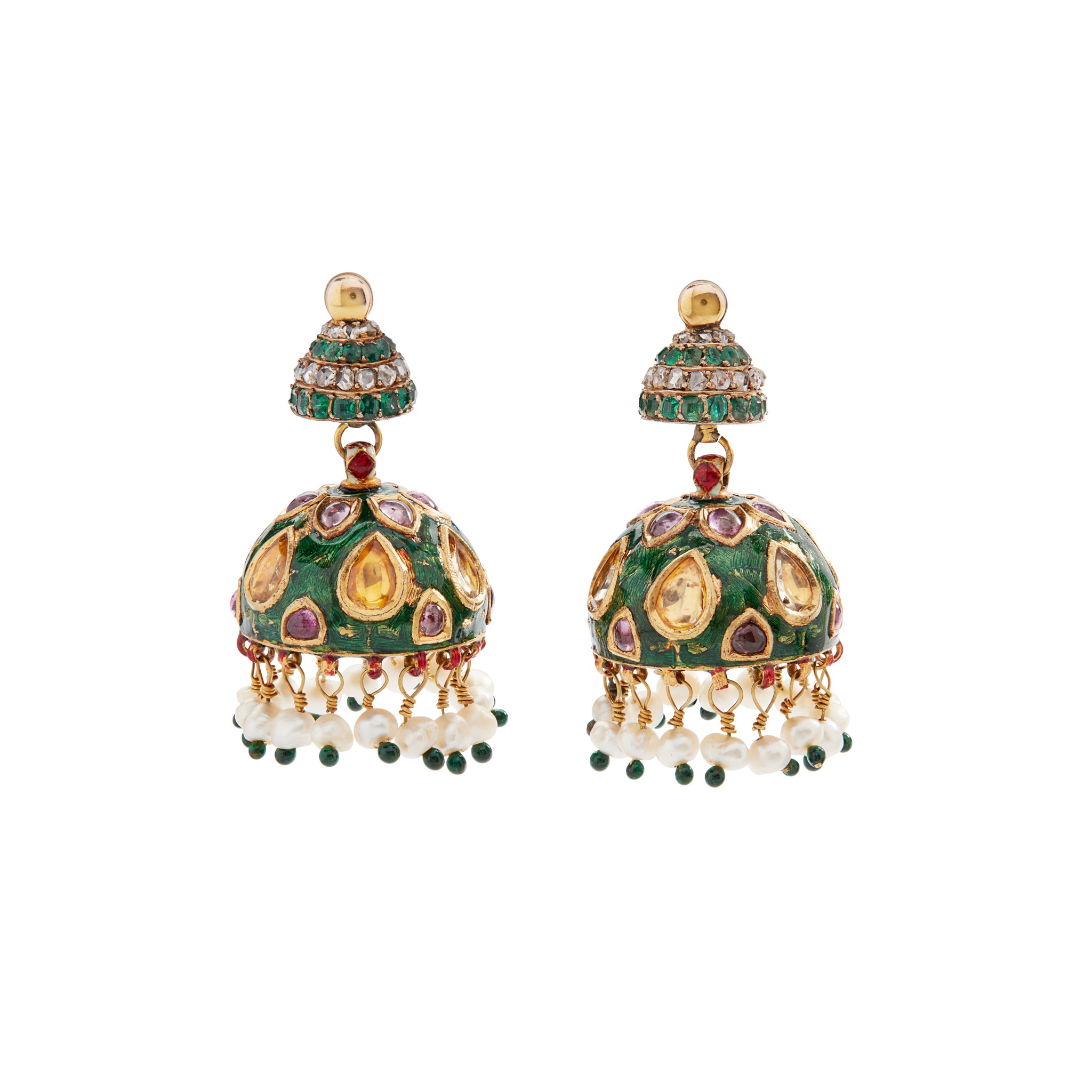 A pair of Indian enamel and multi-gem set earrings
