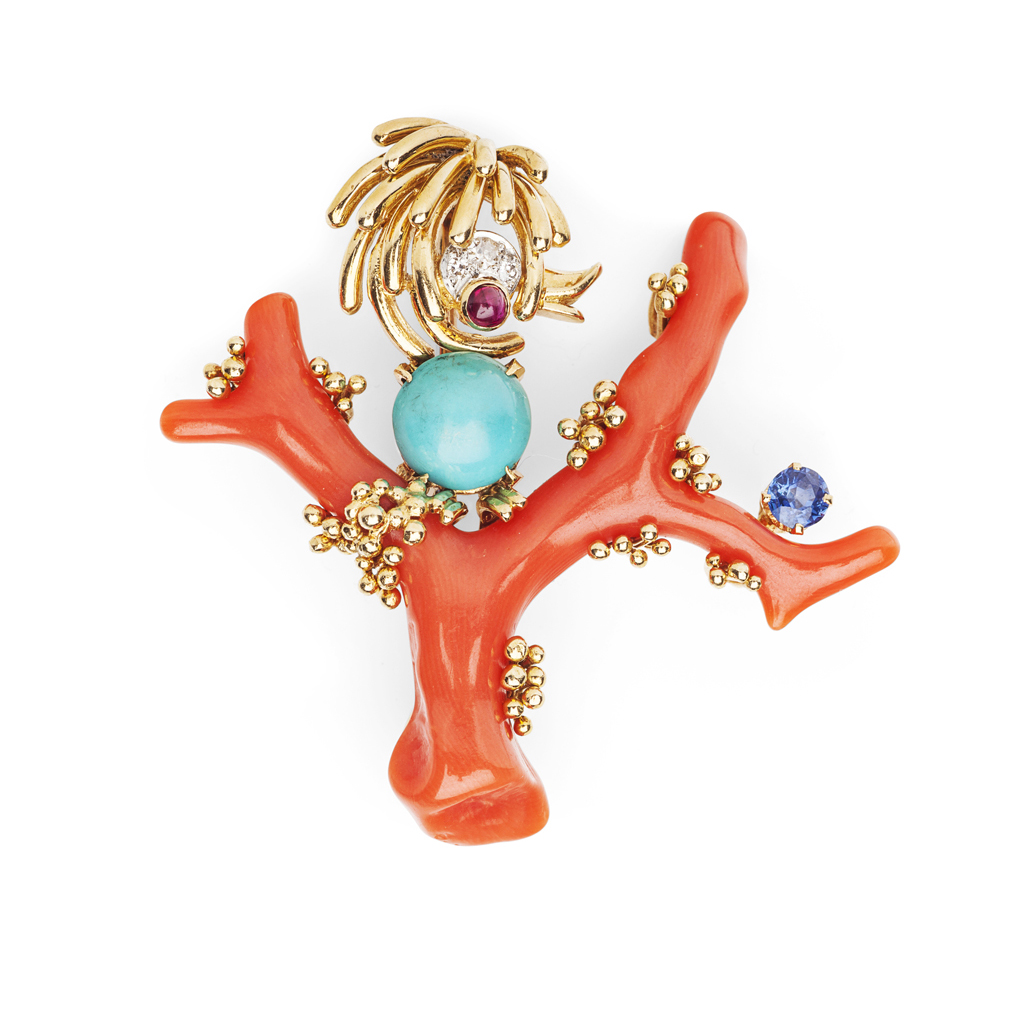 A 1960's 18ct gold mounted coral and multi-gem set novelty brooch
