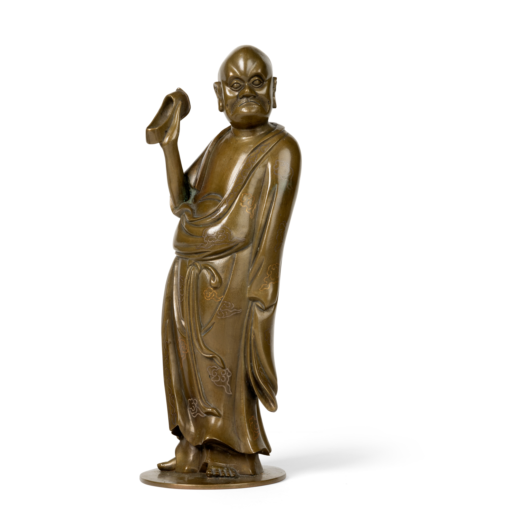 GOLD-AND-SILVER-INLAID BRONZE FIGURE OF BODHIDHARMA HOLDING A SHOE