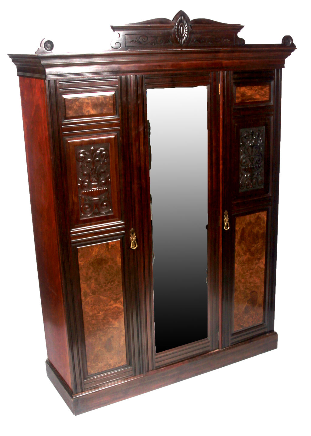 A late Victorian mahogany and burr walnut wardrobe