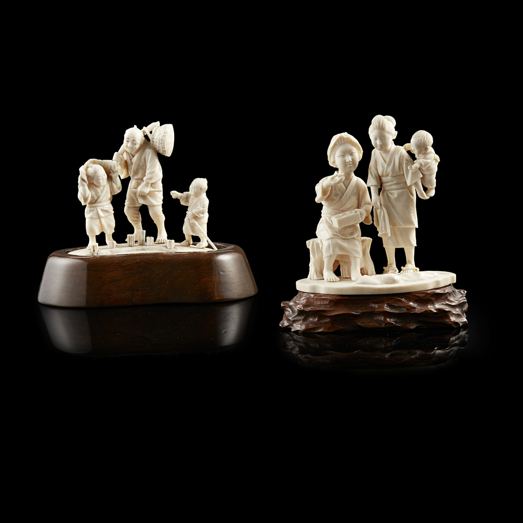 TWO IVORY OKIMONO OF FIGURAL GROUPS