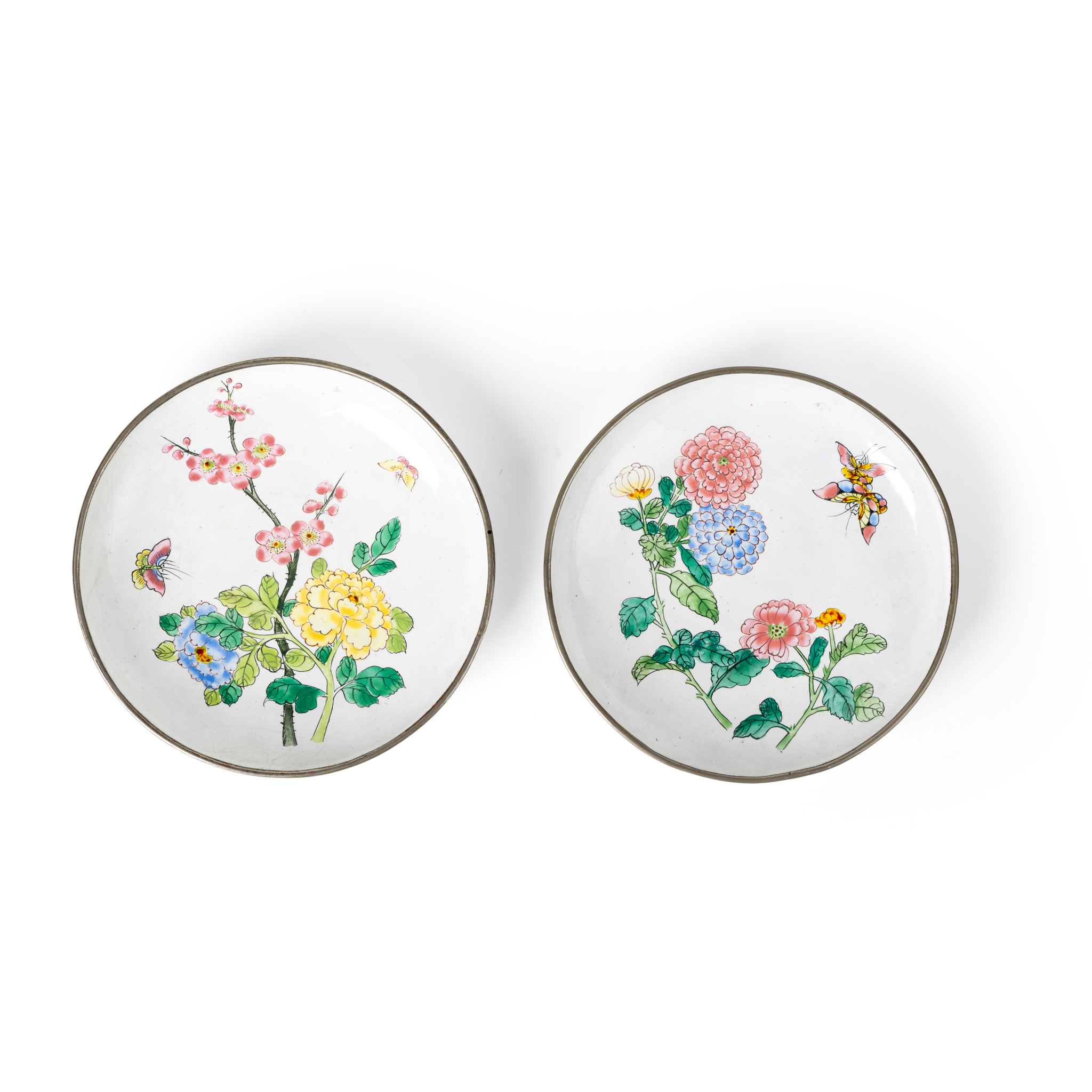 PAIR OF PAINTED ENAMEL 'BUTTERFLIES AND FLOWERS' DISHES