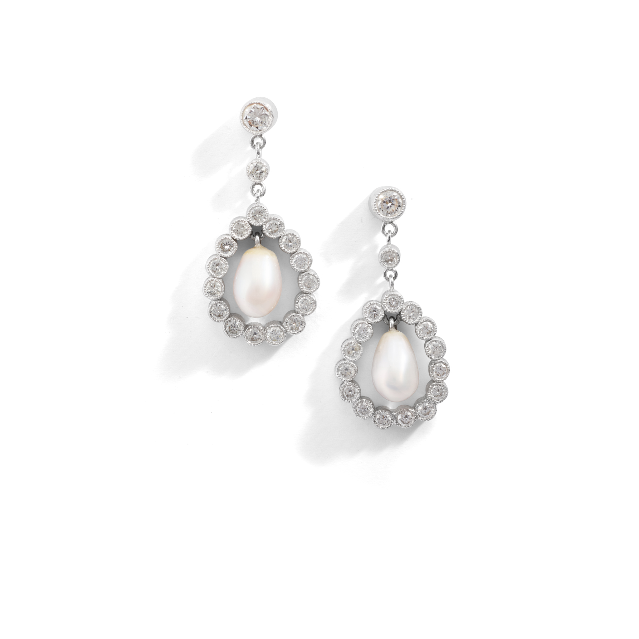 A pair of Scottish freshwater pearl and diamond drop earrings
