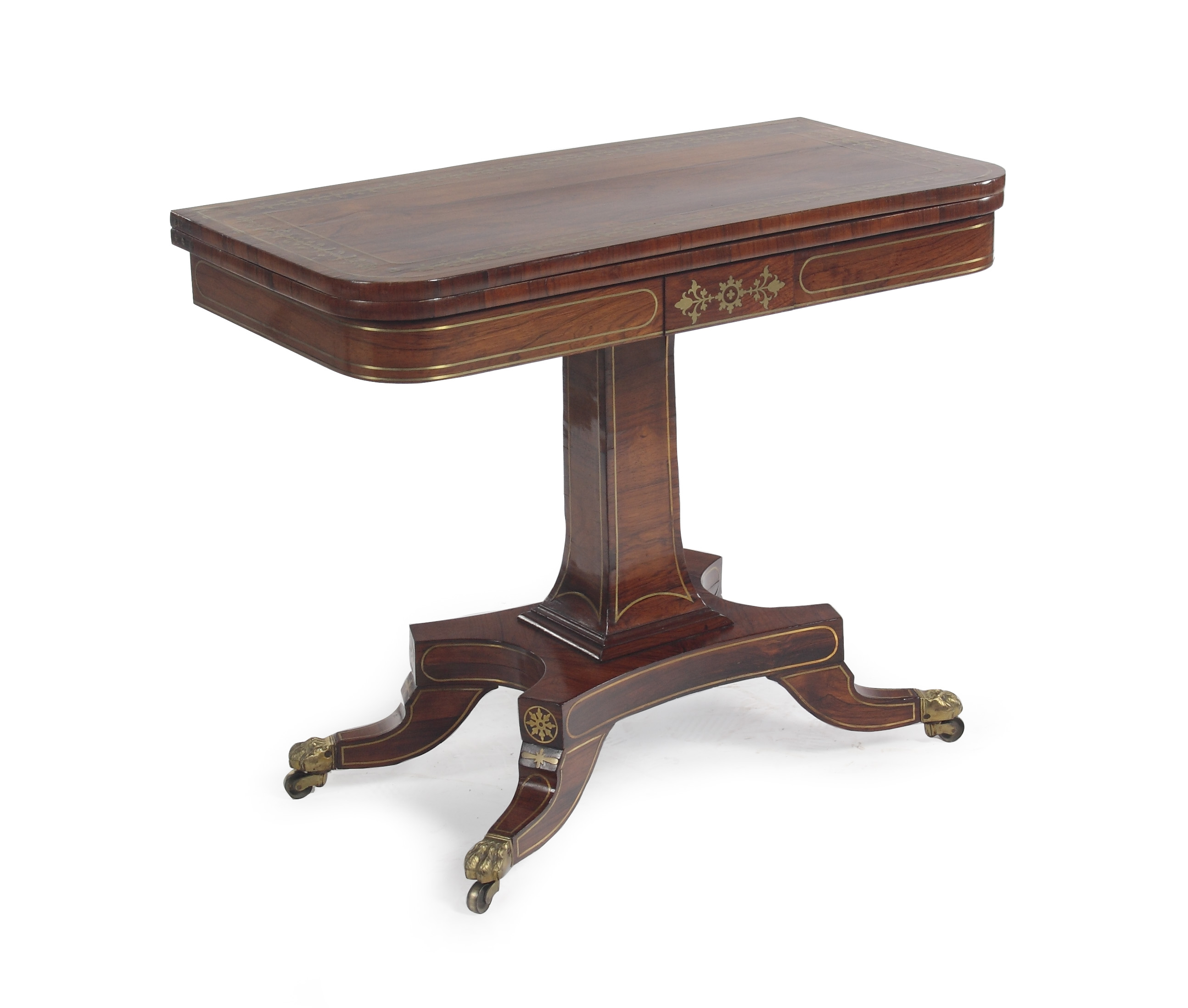 A Regency rosewood and brass inlaid card table