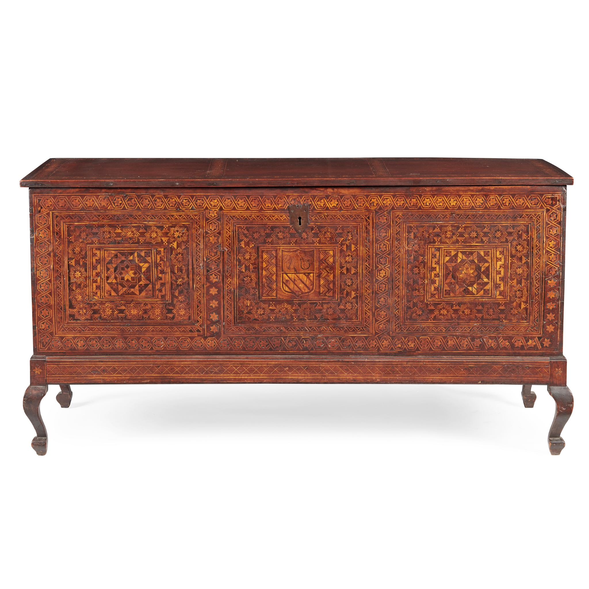 AN ITALIAN WALNUT AND INTARSIA CASSONE