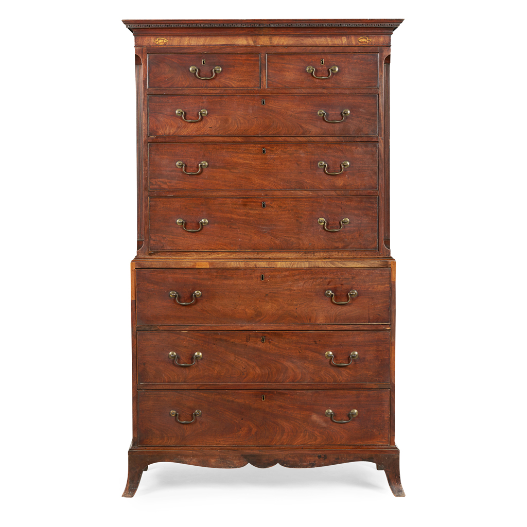GEORGE III MAHOGANY AND INLAY SECRETAIRE CHEST-ON-CHEST