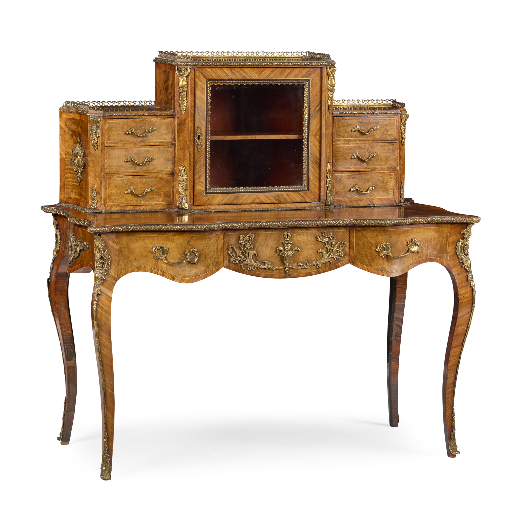 VICTORIAN GILT BRONZE MOUNTED BURR WALNUT AND KINGWOOD BONHEUR DE JOUR