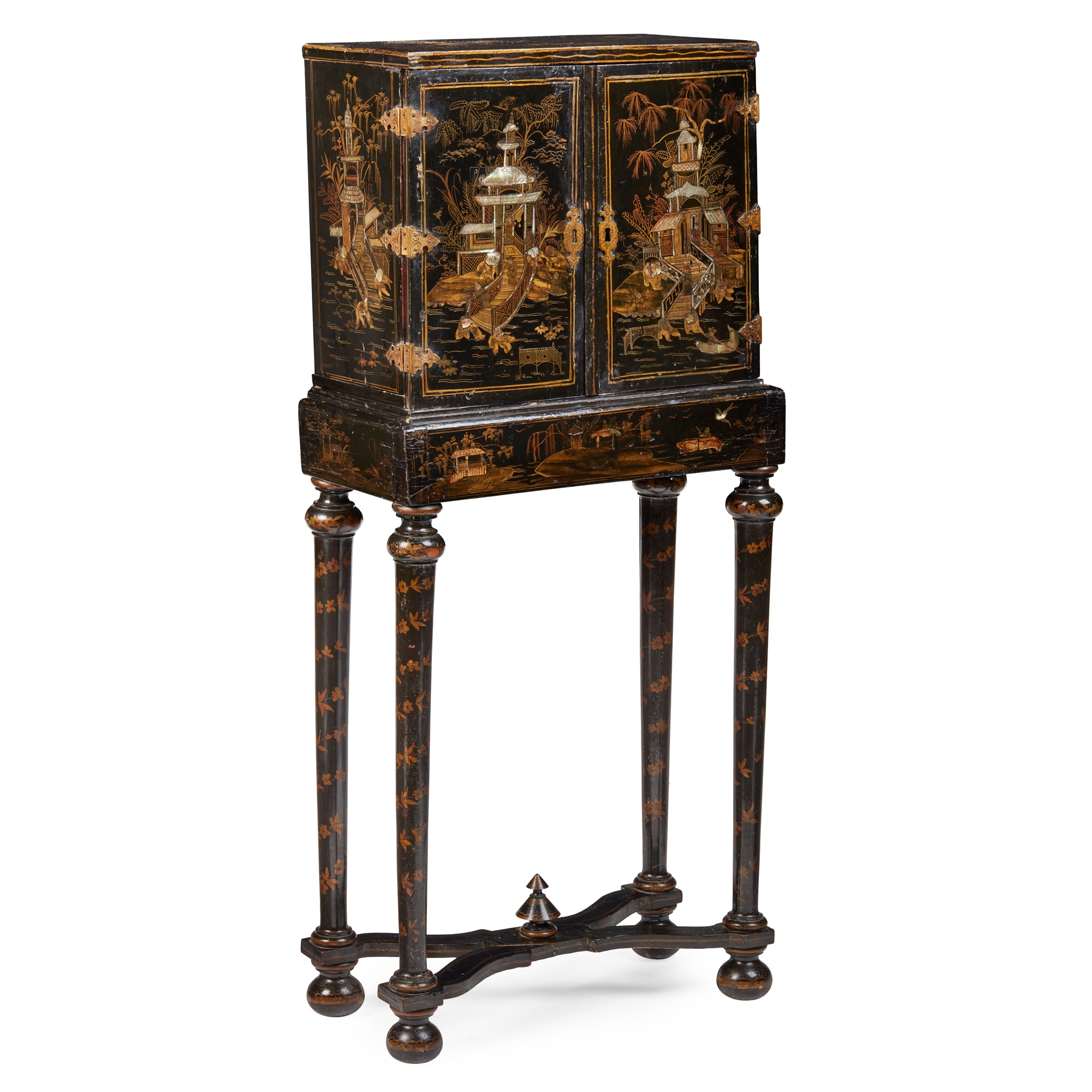 SMALL CHINESE BLACK LACQUER CABINET-ON-STAND