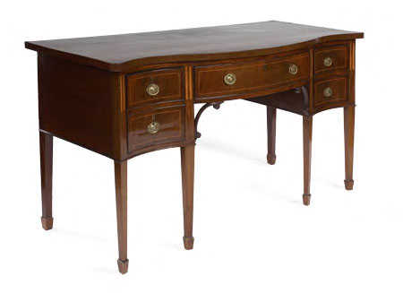 A late George III mahogany and chequer banded serpentine sideboard,