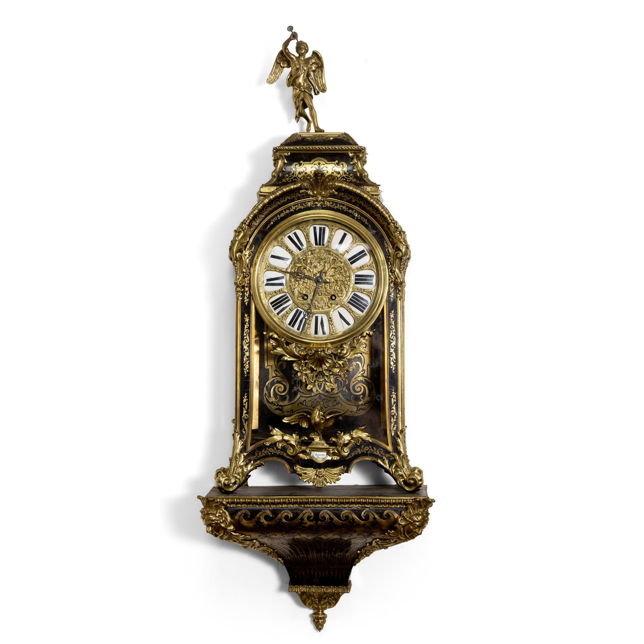 A FRENCH GILT METAL AND BOULLE DECORATED BRACKET CLOCK