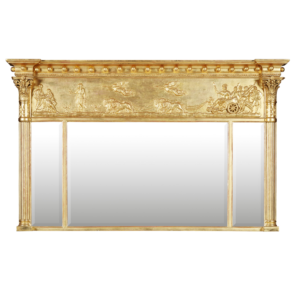 REGENCY GILTWOOD AND GESSO TRIPLE OVERMANTEL MIRROR