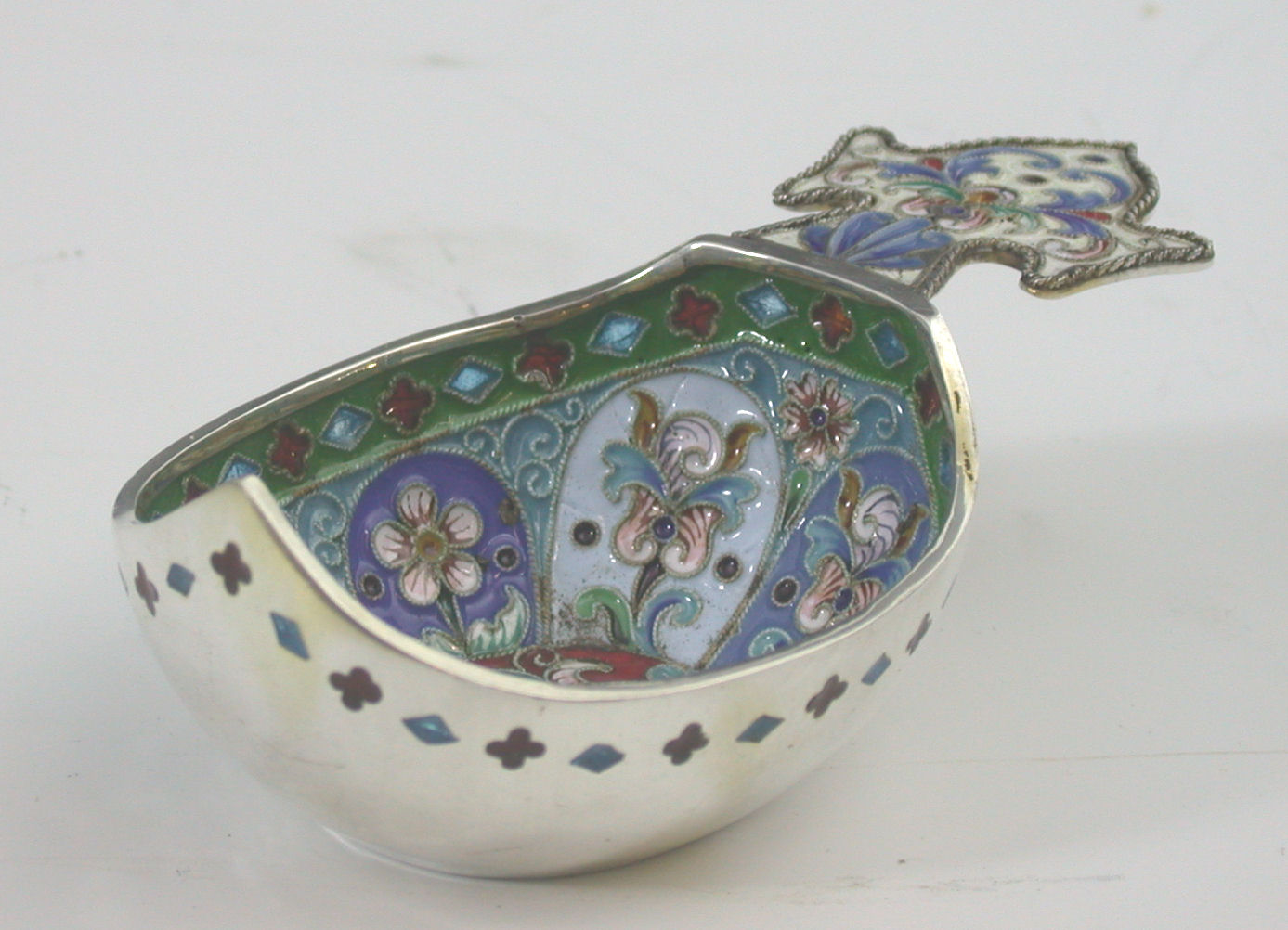 A Russian silver enamelled miniature kovsch,