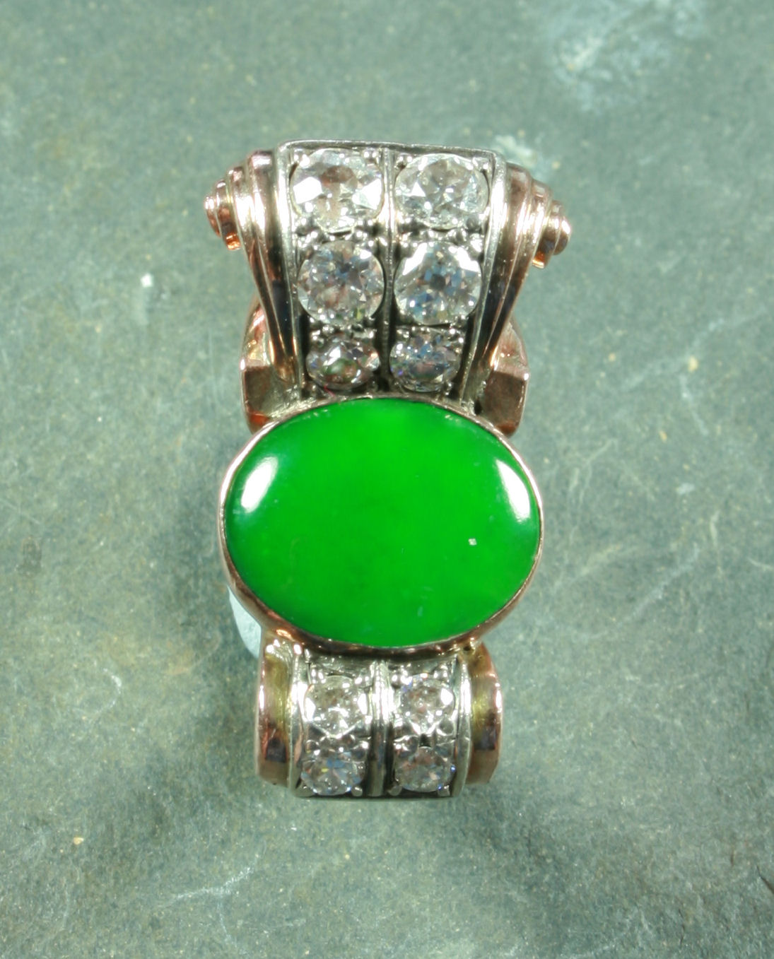 A 1940's jade and diamond cocktail ring,