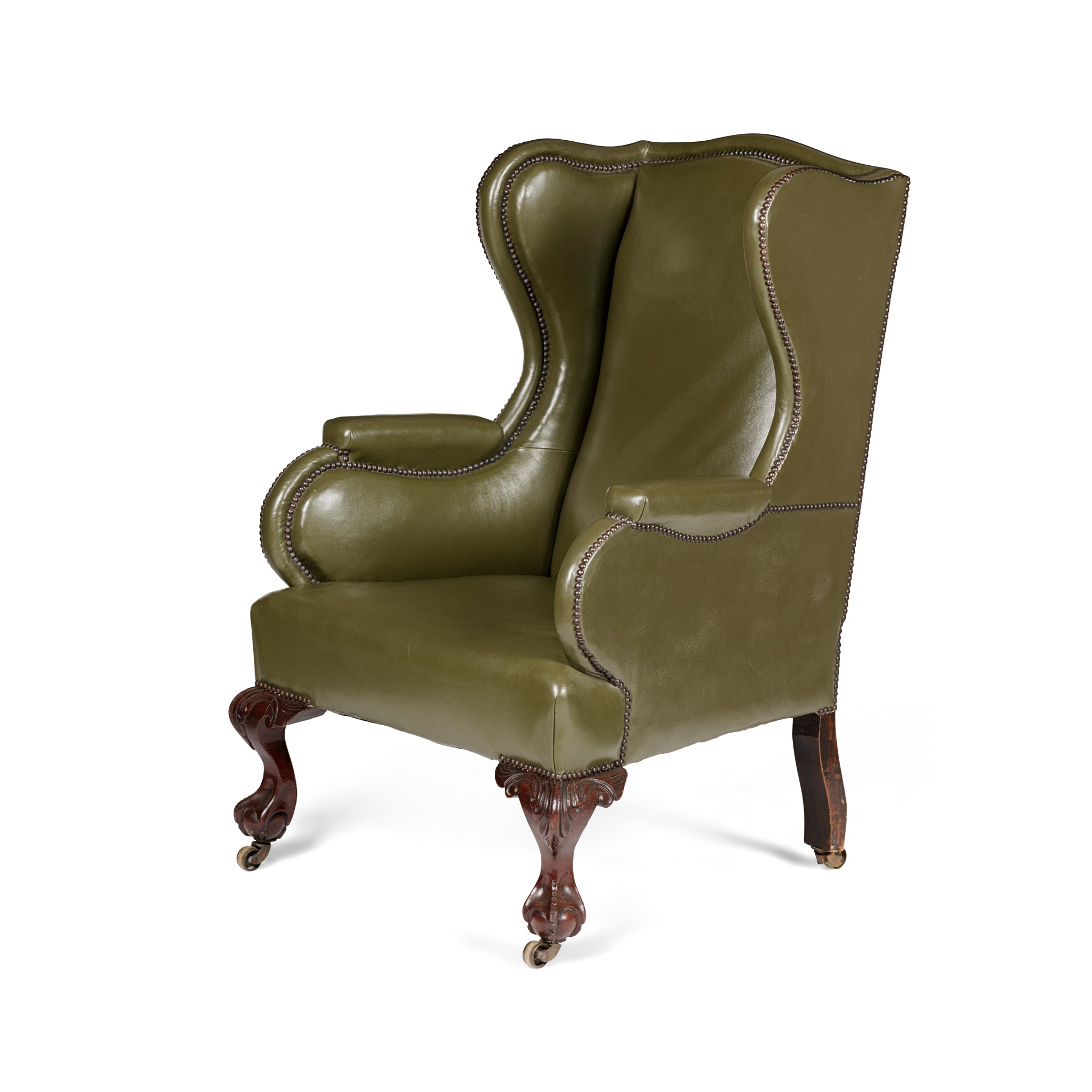 GEORGIAN STYLE MAHOGANY FRAMED GREEN LEATHER WING ARMCHAIR