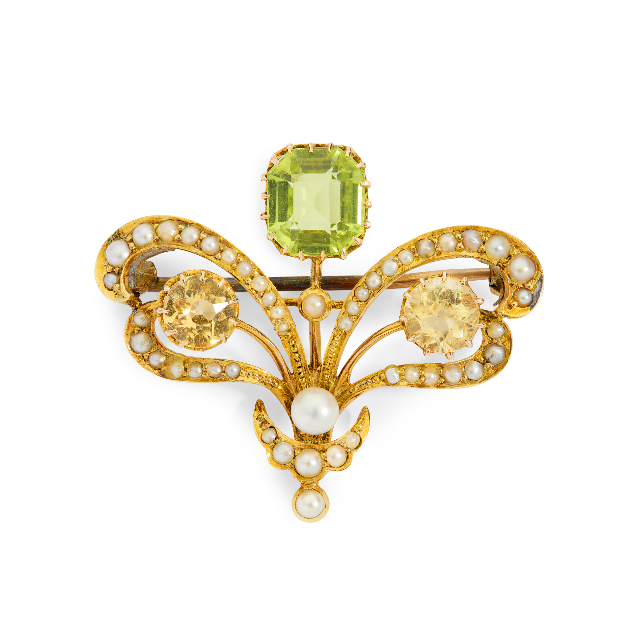 An Edwardian peridot, sinhalite and seed pearl brooch