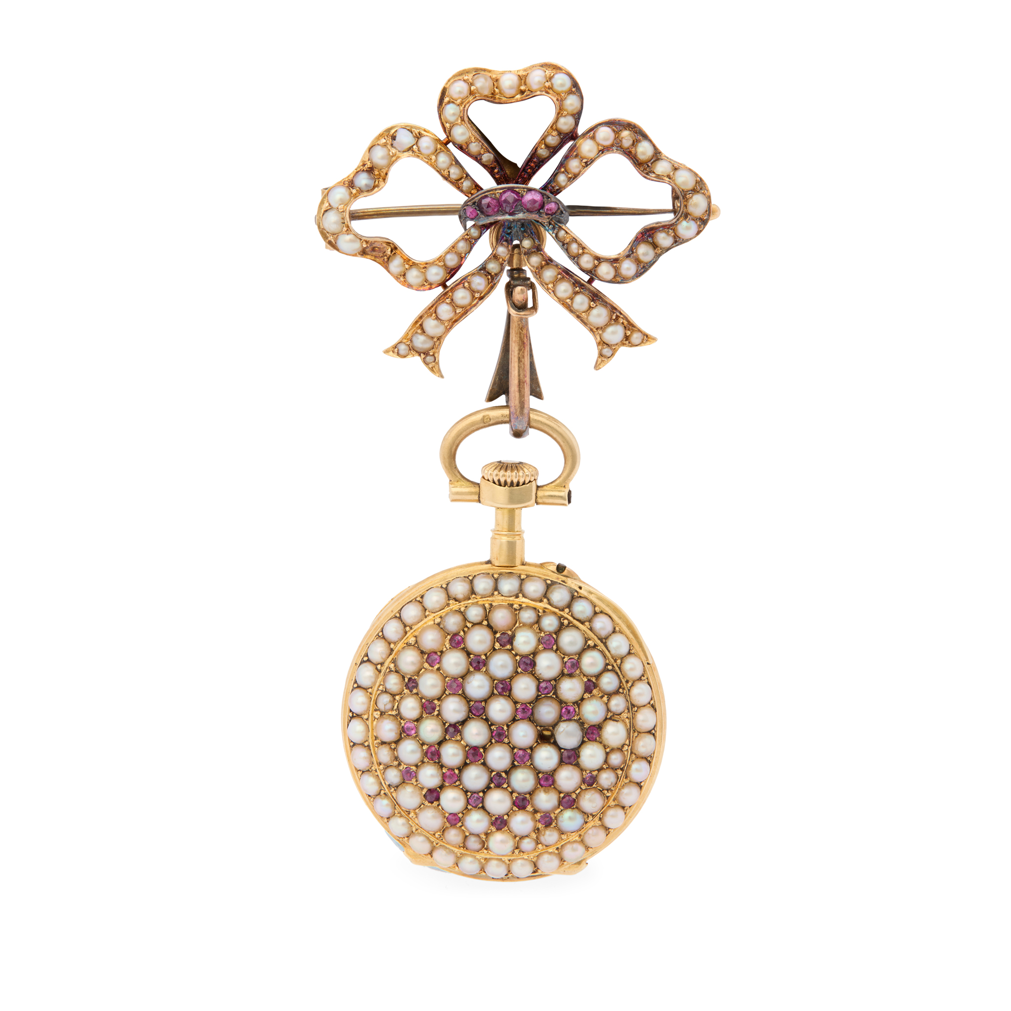 Swiss. A Ladies 18k gold, pearl and ruby set open face fob watch with matching design bow