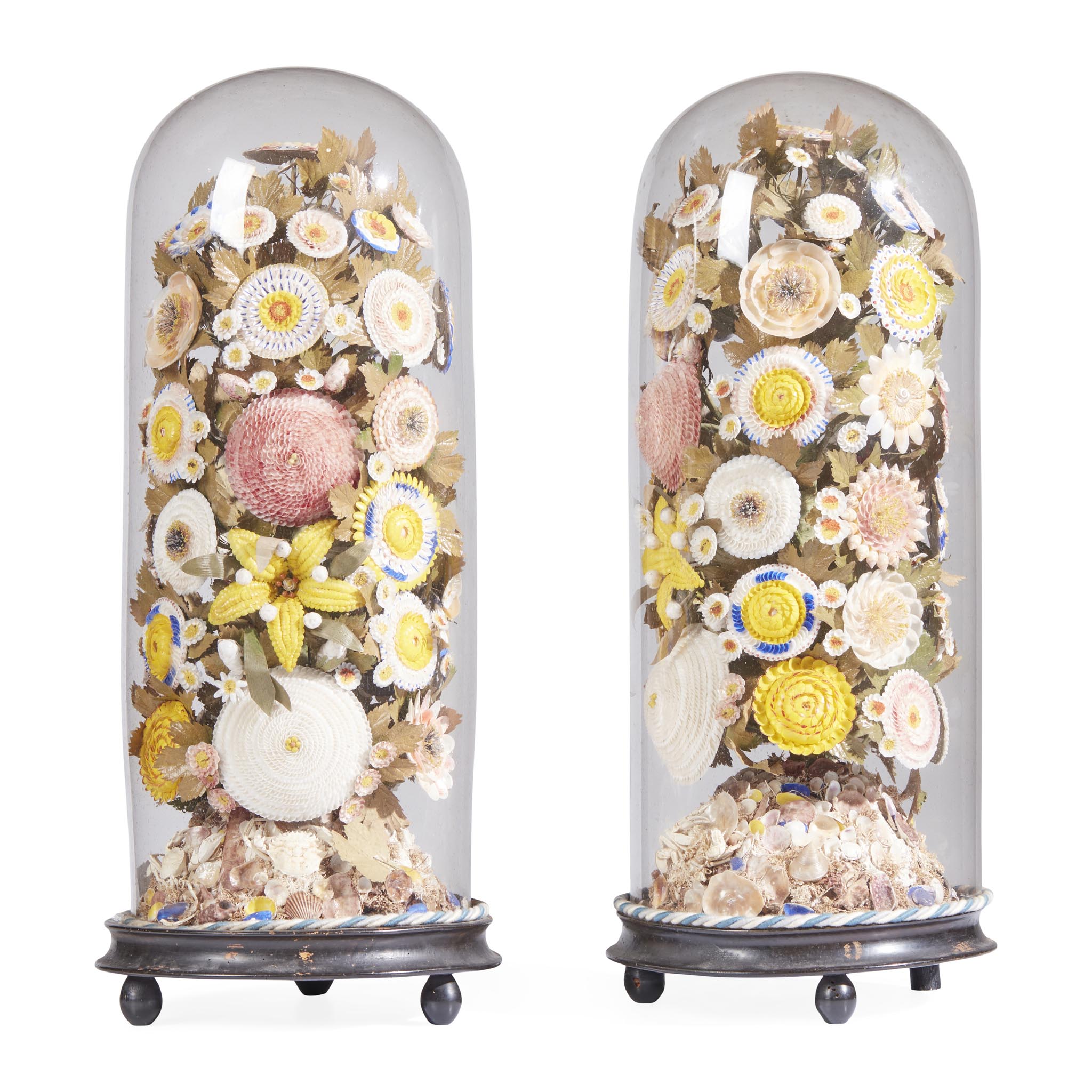 PAIR OF VICTORIAN CASED SHELL-WORK FLOWER ARRANGEMENTS