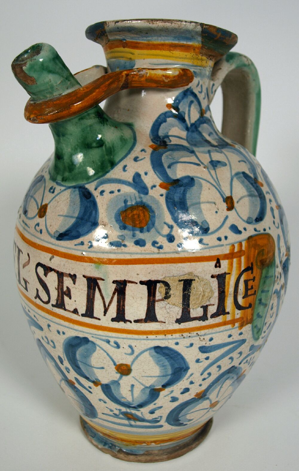 An late 16th century Montelupo maiolica syrup jar, circa 1580-1600