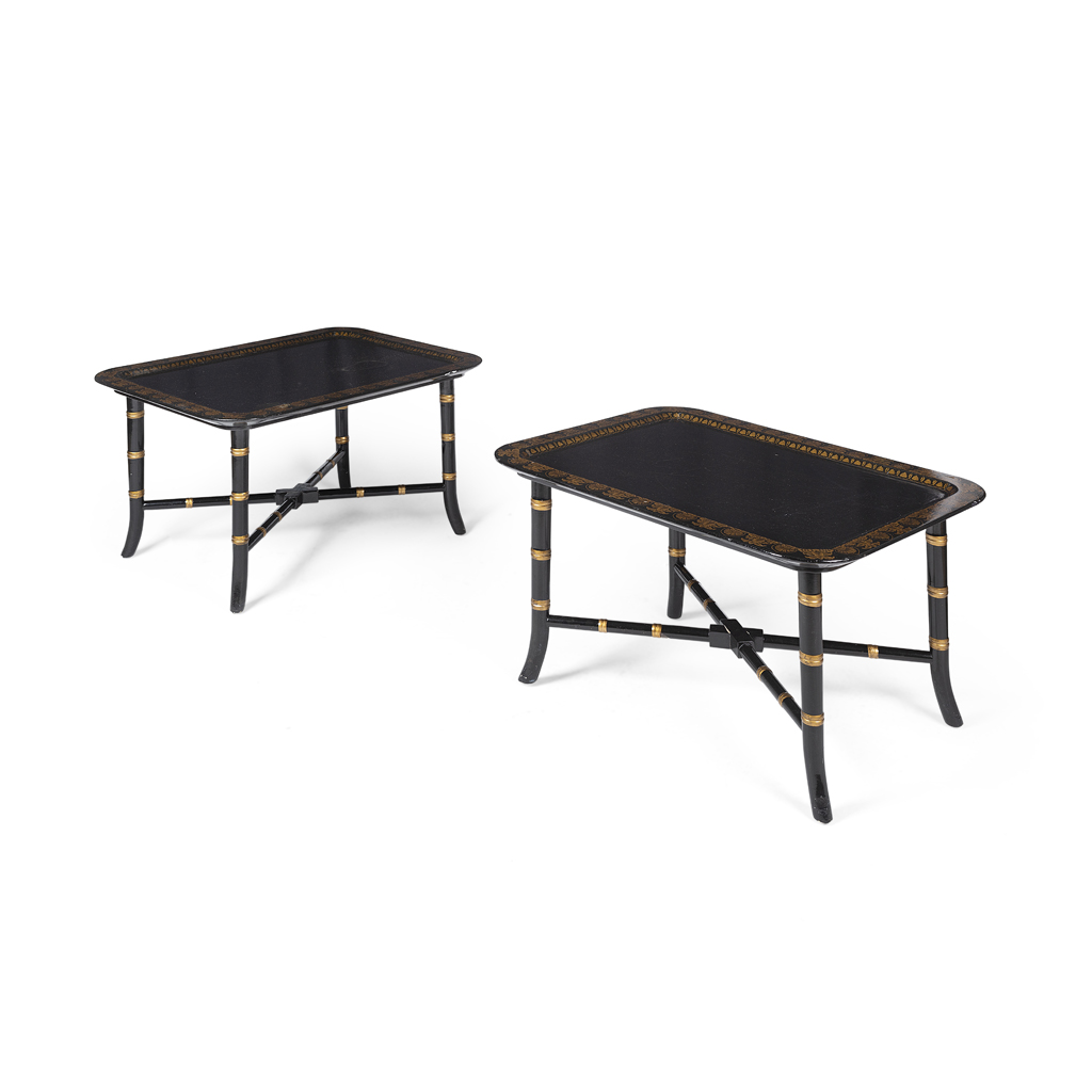 PAIR BLACK LACQUER AND PARCEL GILT LOW TABLES