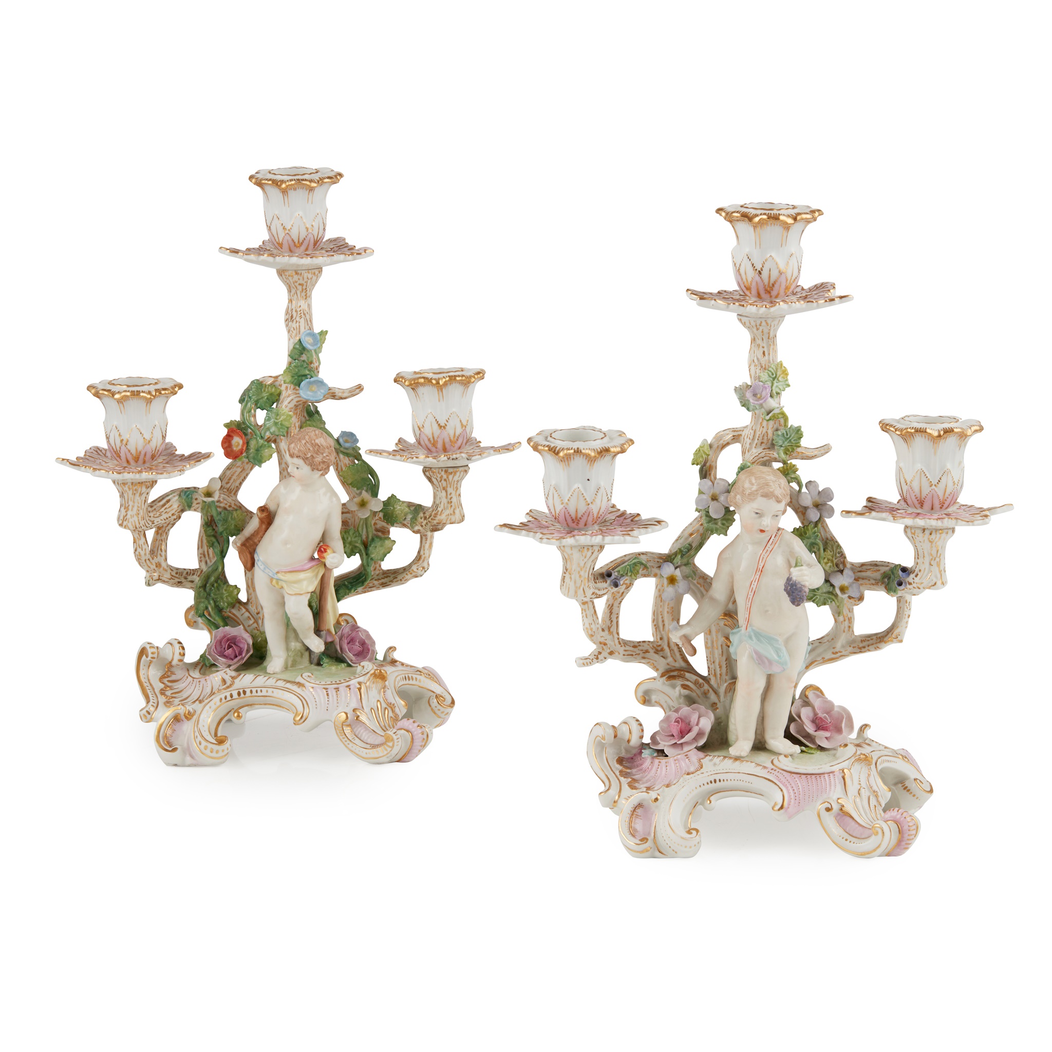 PAIR OF KPM PORCELAIN THREE-LIGHT CANDELABRA