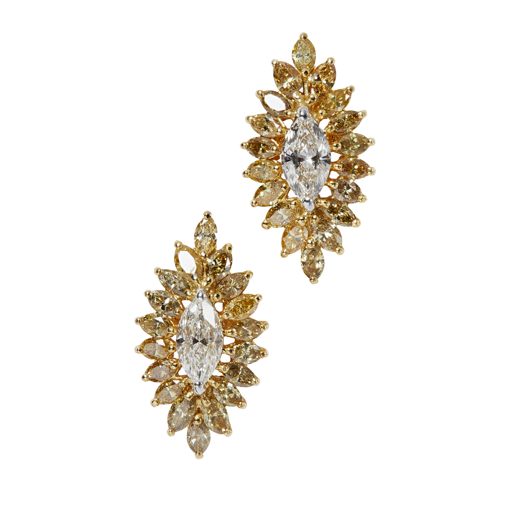 A pair of colourless and fancy coloured diamond cluster earrings