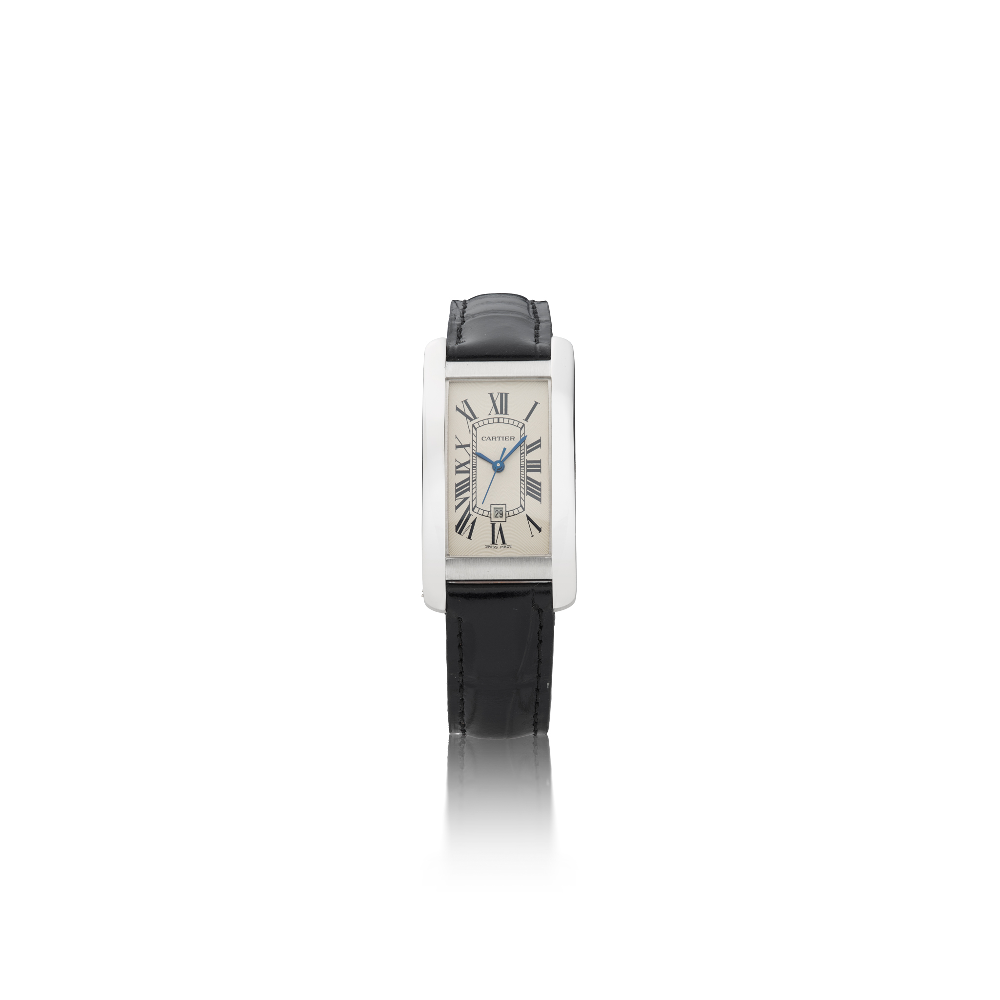 Cartier. A fine mid-size 18k white gold rectangular automatic wristwatch with date