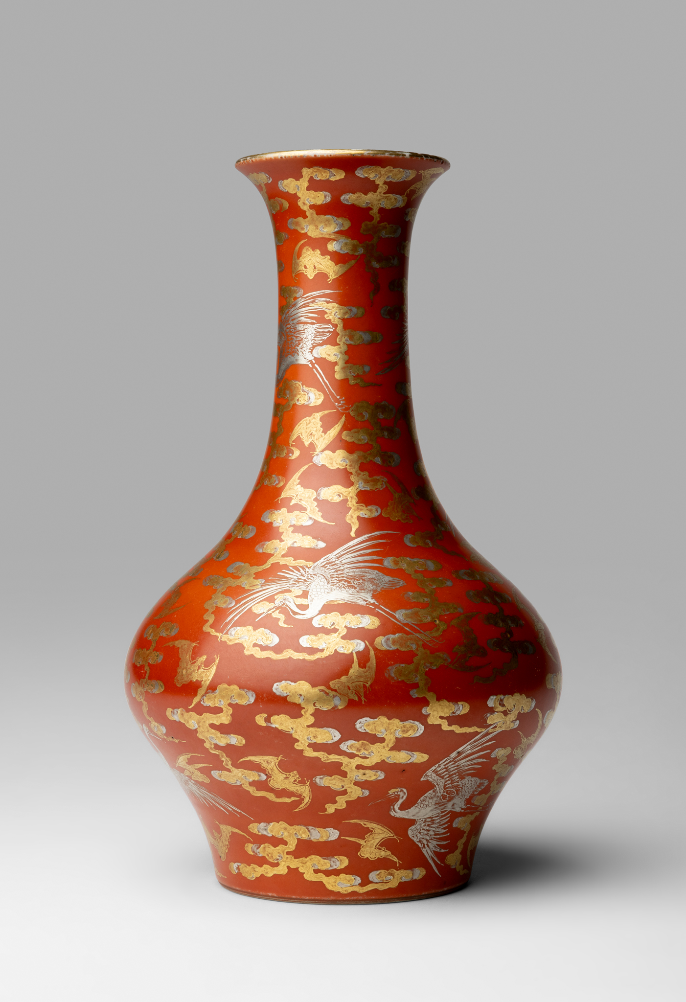 CHINESE CORAL-RED-GROUND GILT AND SILVER-DECORATED 'CRANE AND BAT' VASE