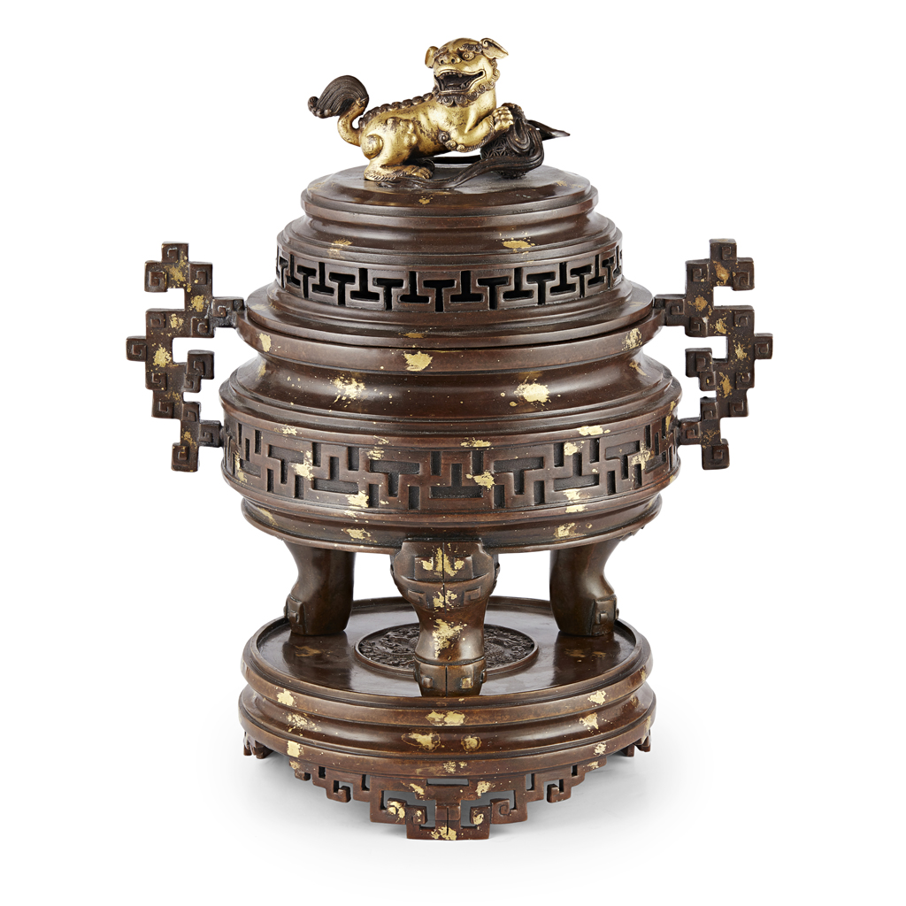 ARCHAISTIC GOLD-SPLASHED BRONZE TRIPOD CENSER AND STAND