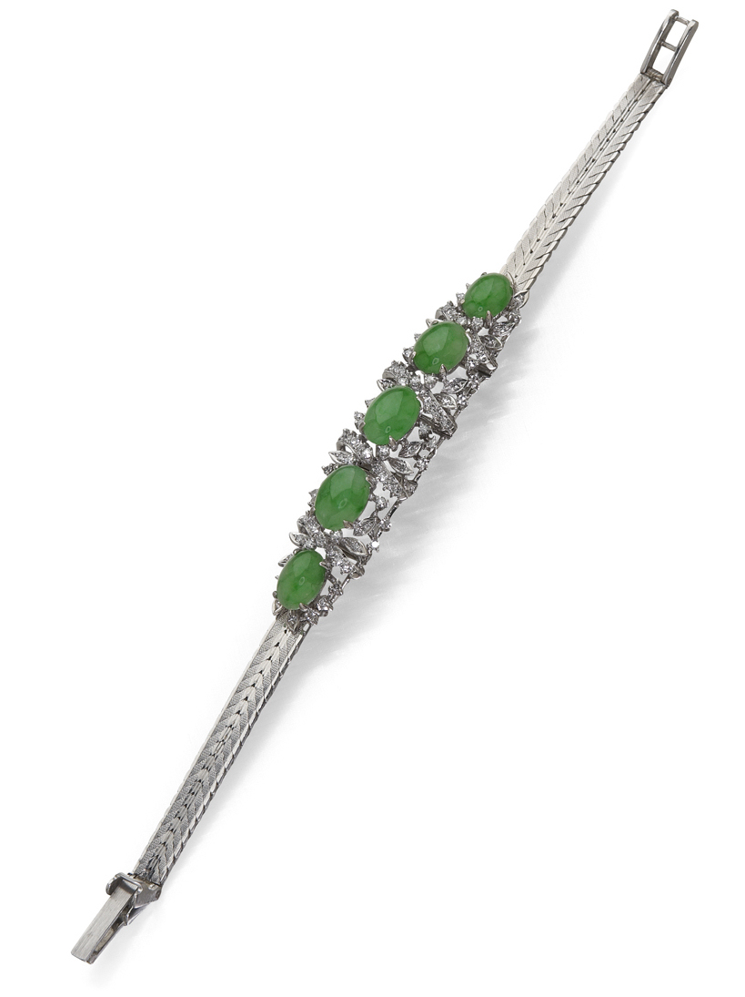 A mid-20th century jade and diamond bracelet,