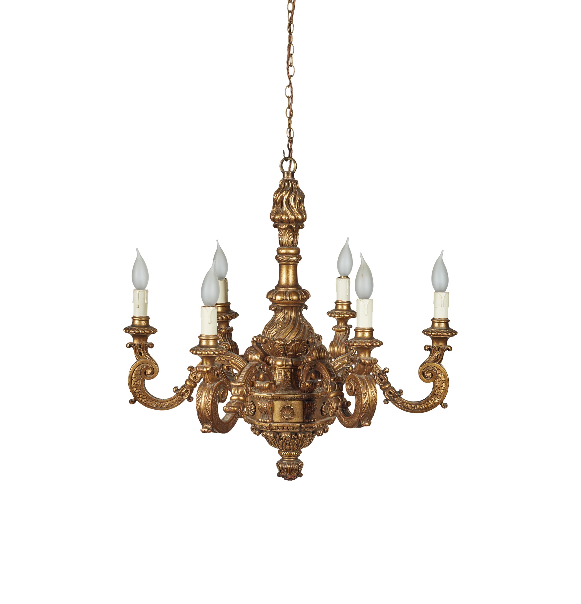CONTINENTAL BAROQUE STYLE GILTWOOD SIX LIGHT CHANDELIER