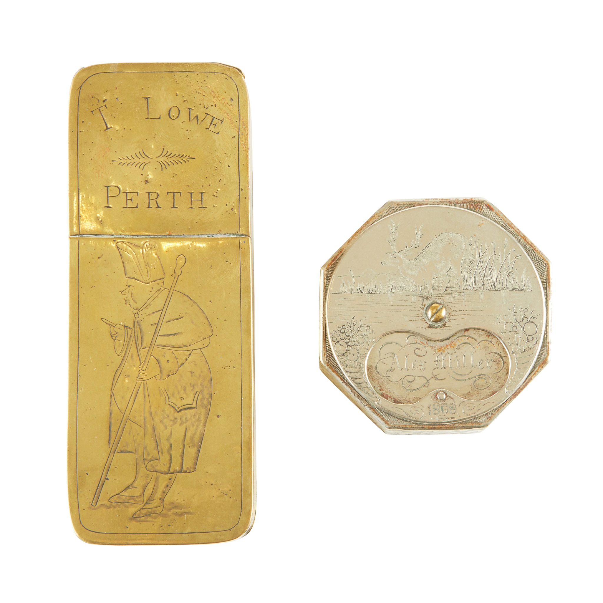 TWO SCOTTISH ENGRAVED METAL TOBACCO BOXES