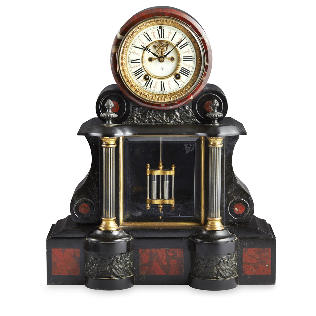 AMERICAN SLATE AND ROUGE MARBLE MANTEL CLOCK, BY ANSONIA CLOCK COMPANY, NEW YORK