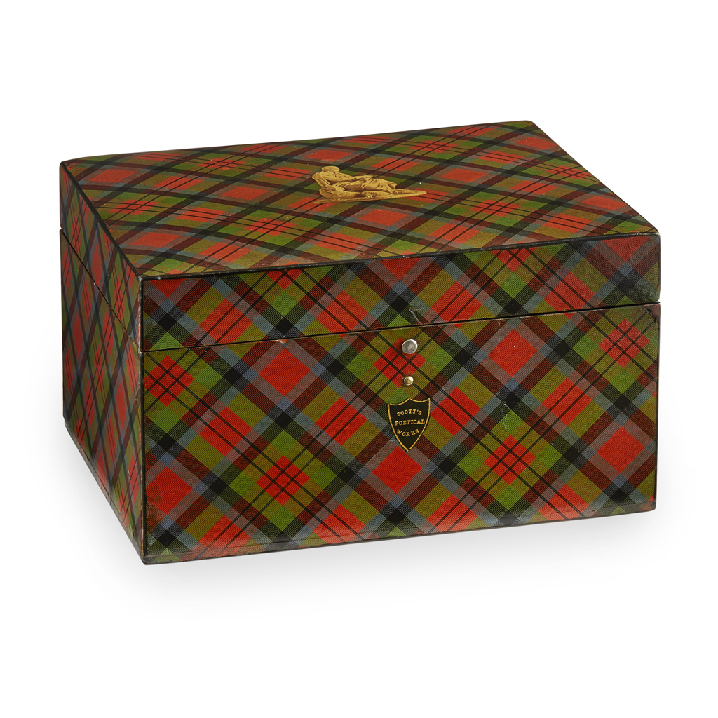 MAUCHLINE 'TARTAN WARE' BOOK BOX, WITH VOLUMES BY SIR WALTER SCOTT