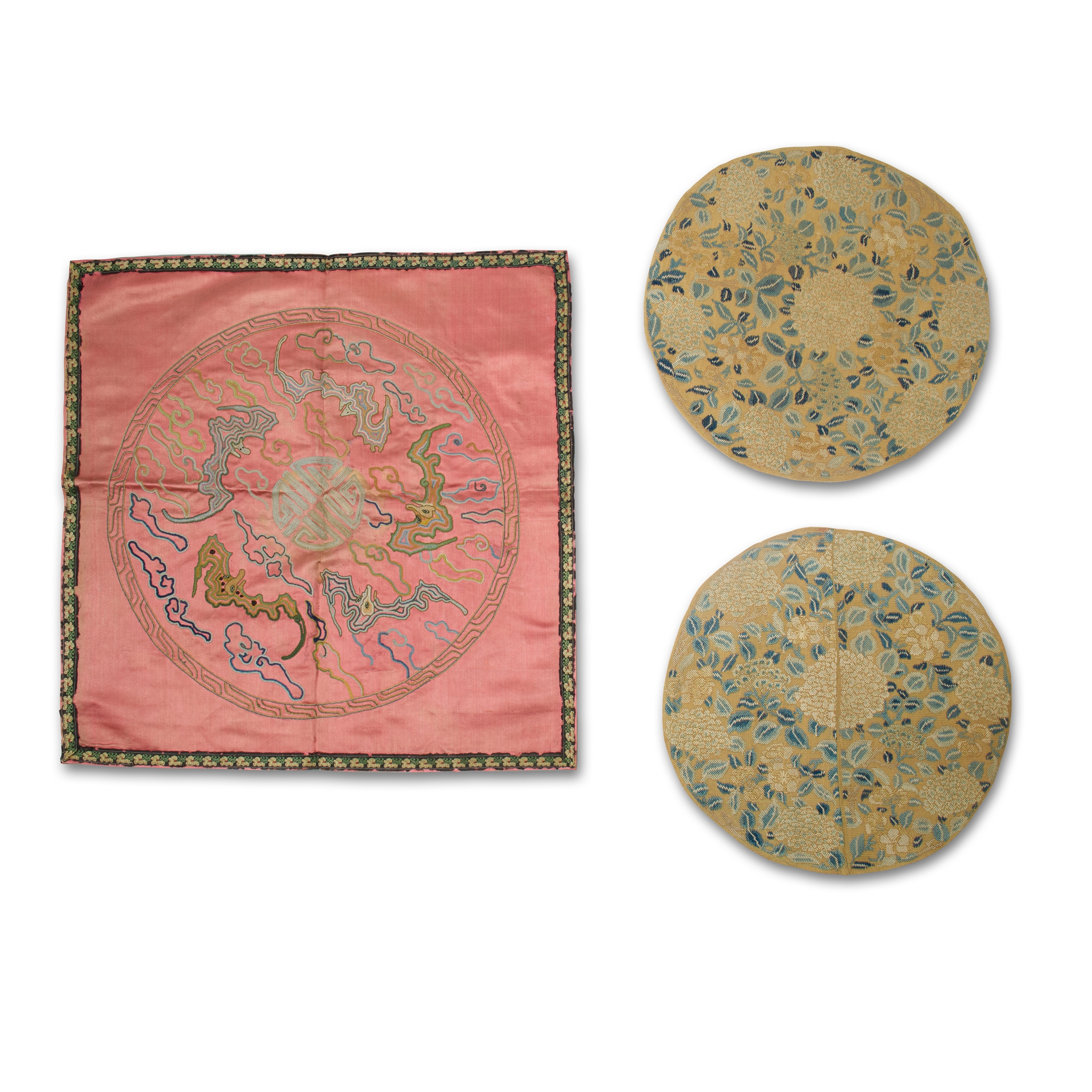 TWO CHINESE SILK EMBROIDERED 'FLORAL' ROUNDLES AND A SQUARE PANEL